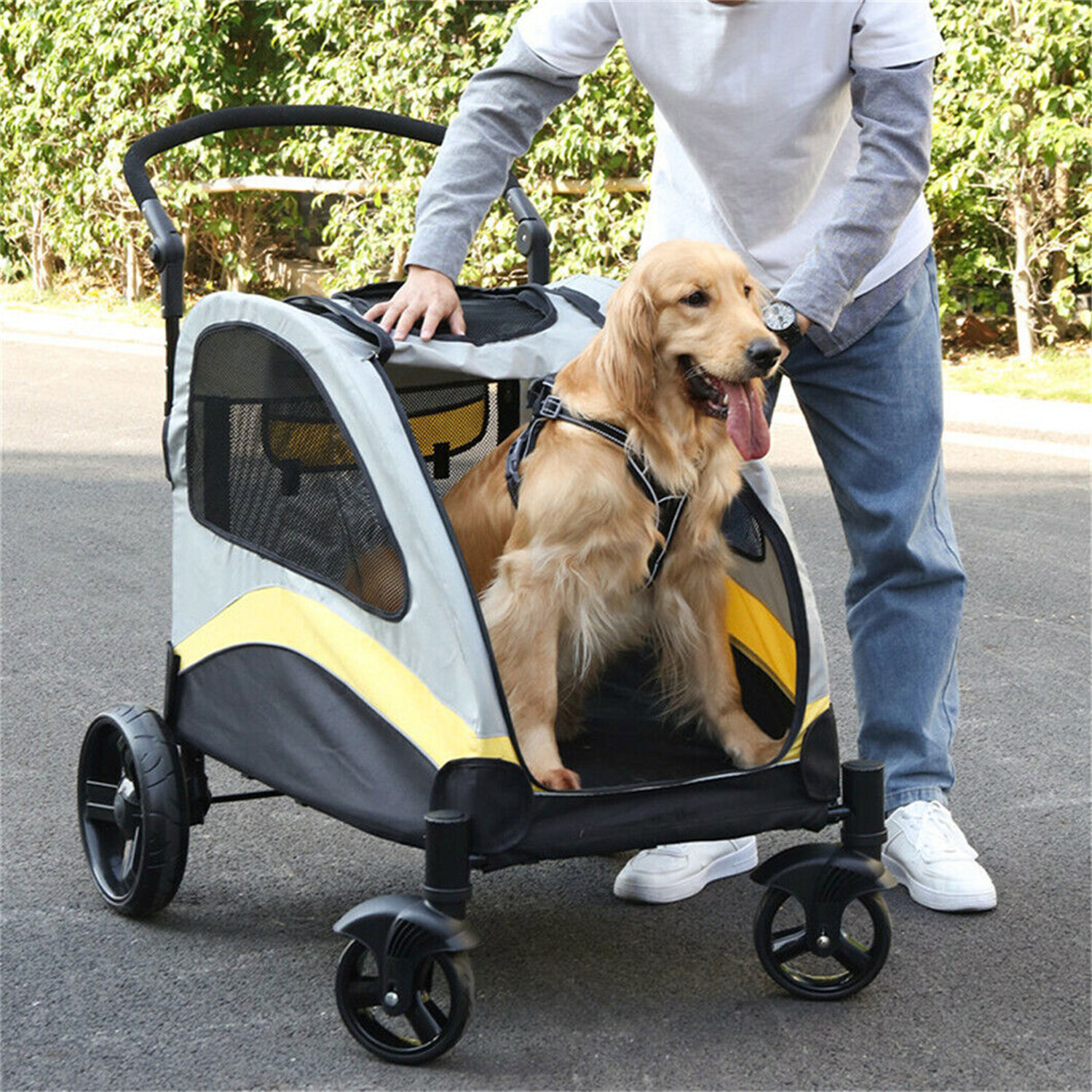 XXL Heavy Duty Dog Stroller Double Door Pet Trolley Carrier Cart Foldable Jogger