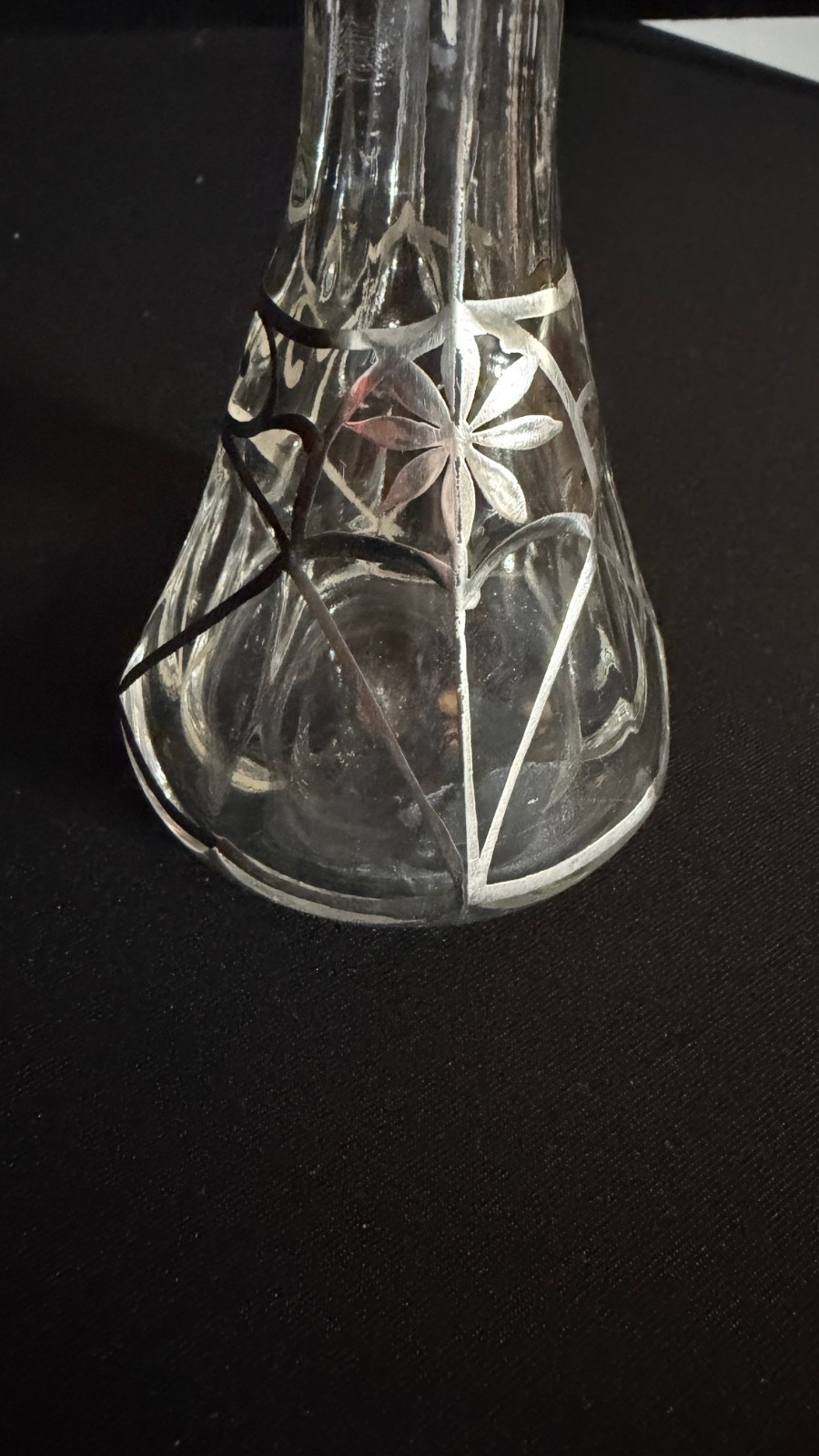 Antique Art Nouveau Sterling Overlay Glass Cruet Bottle w Stopper 6.5"