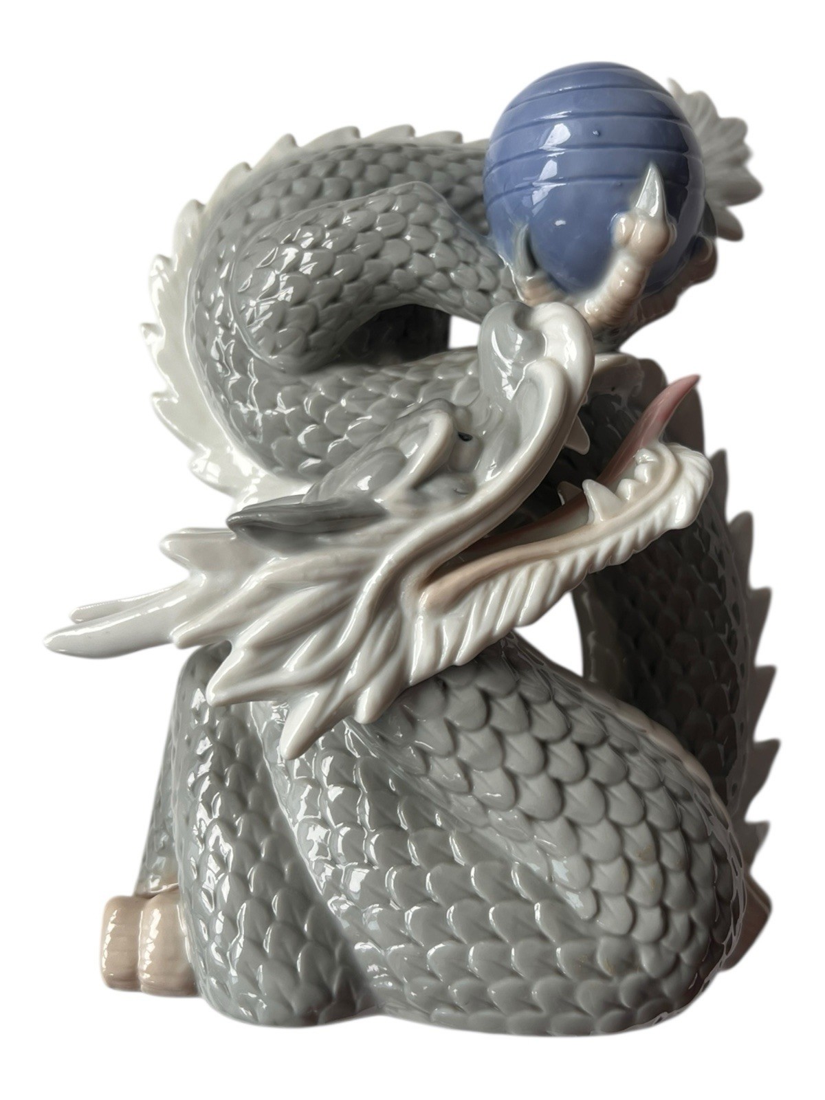 Dragon Yoshimi K Foo Porcelain Figurine w/Ball Japan 8”T 5.5”L Vintage Blue/Gray