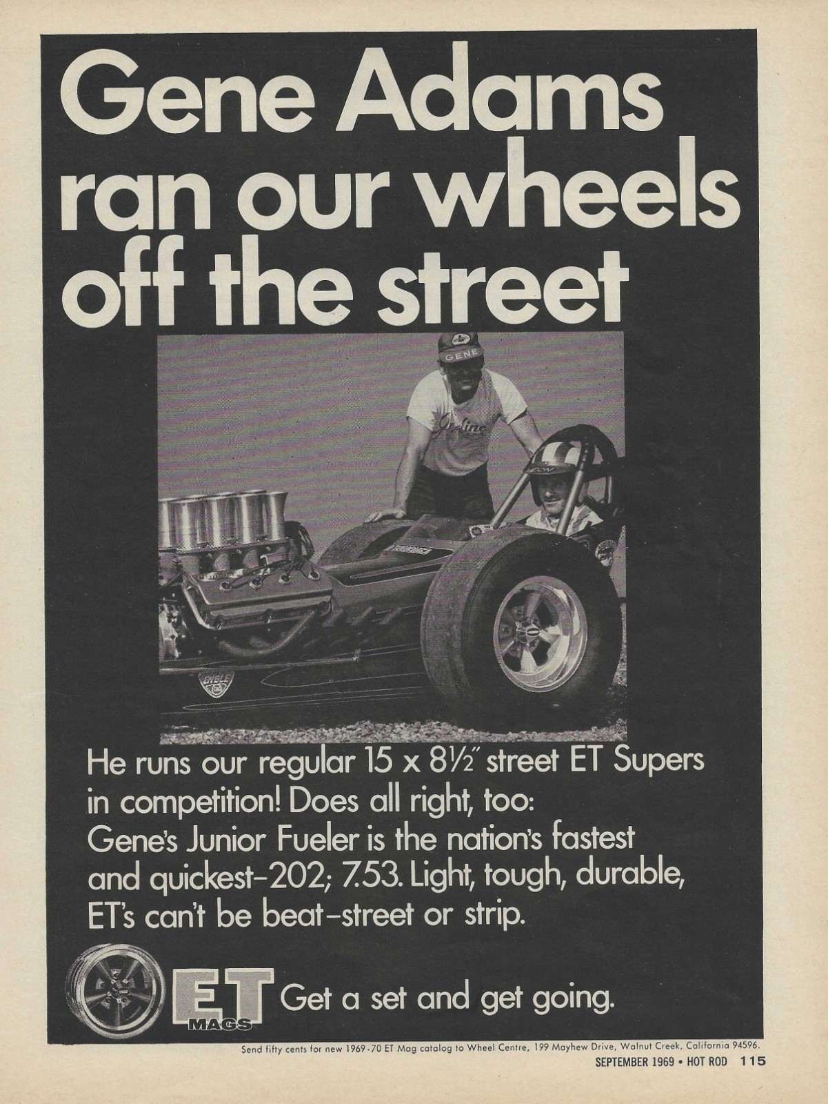 1969 E-T Mag Wheel Vintage Magazine Ad Street ET Super Gene Adams Advertisement