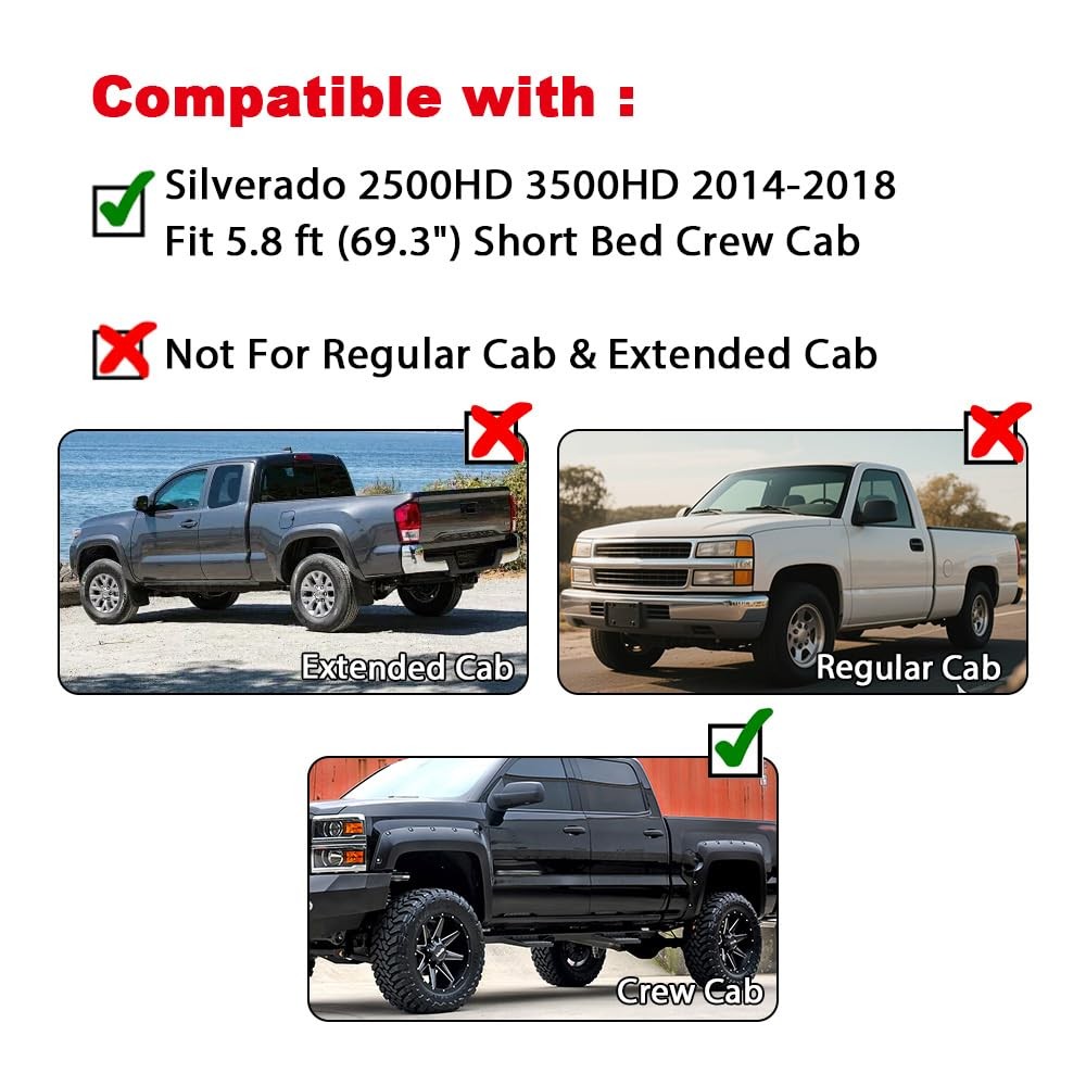 Fender Flares Compatible with Chevy Silverado 2500HD 3500HD 2014-2018 5.8 ft