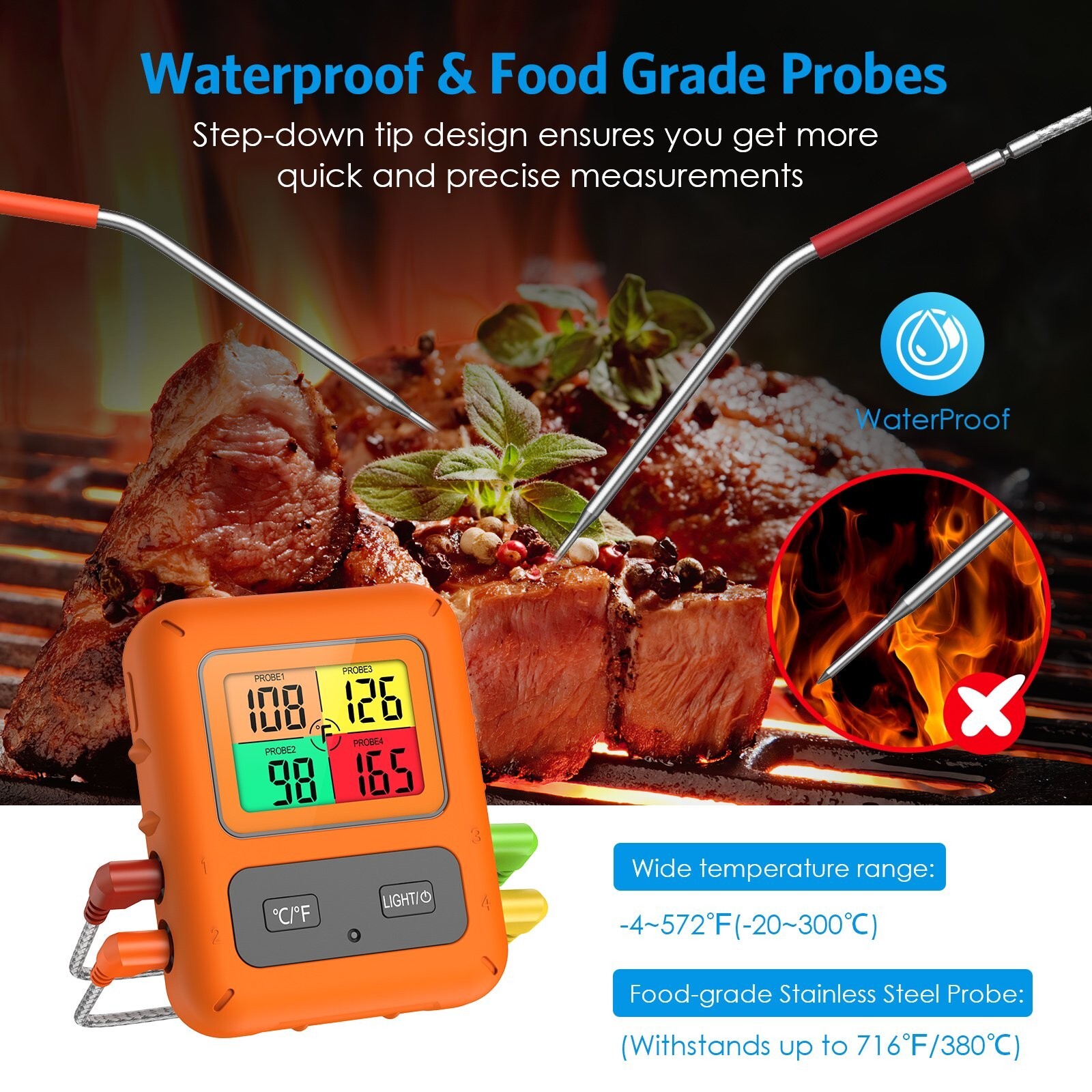 Smart Wireless Meat Thermometer w/ 4 Probes for BBQ Grilling Baking Barbecue