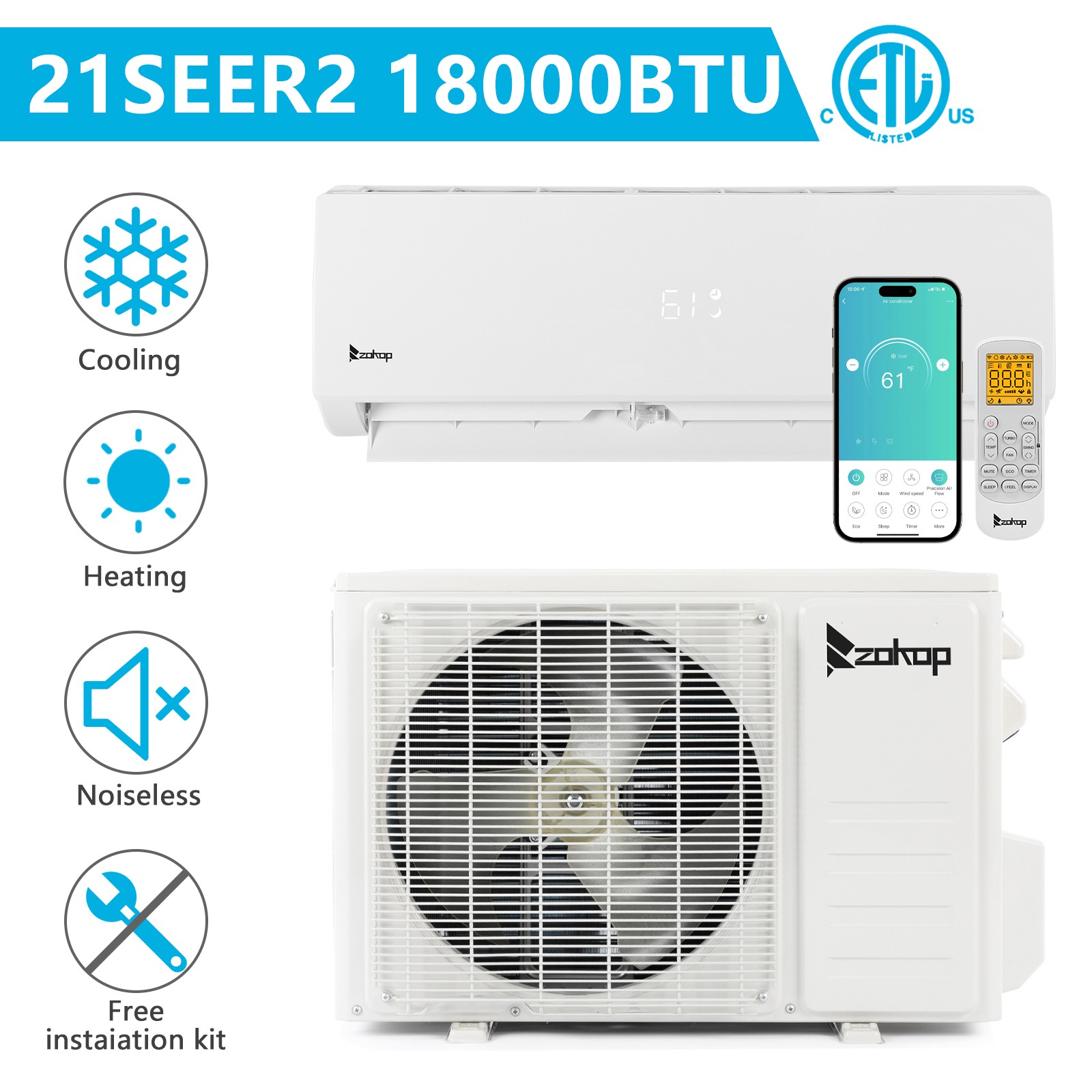 ZOKOP 18,000 BTU Mini Split Air Conditioner & Heater Ductless Inverter 21 SEER2
