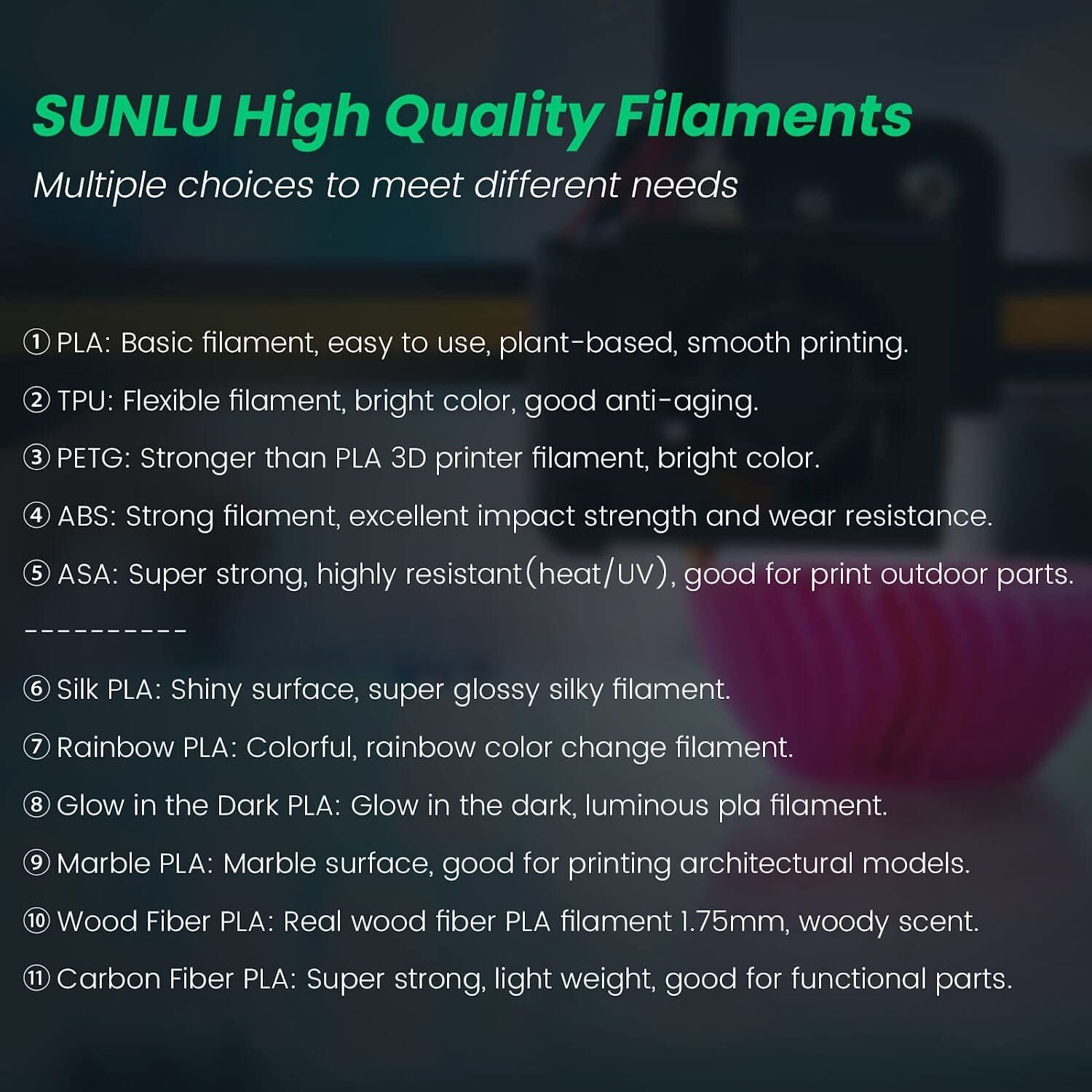 SUNLU 1KG 3D Filament PLA/PLA Matte/PLA Meta/PLA+/ABS/PETG/SILK 1.75mm TPU-500g