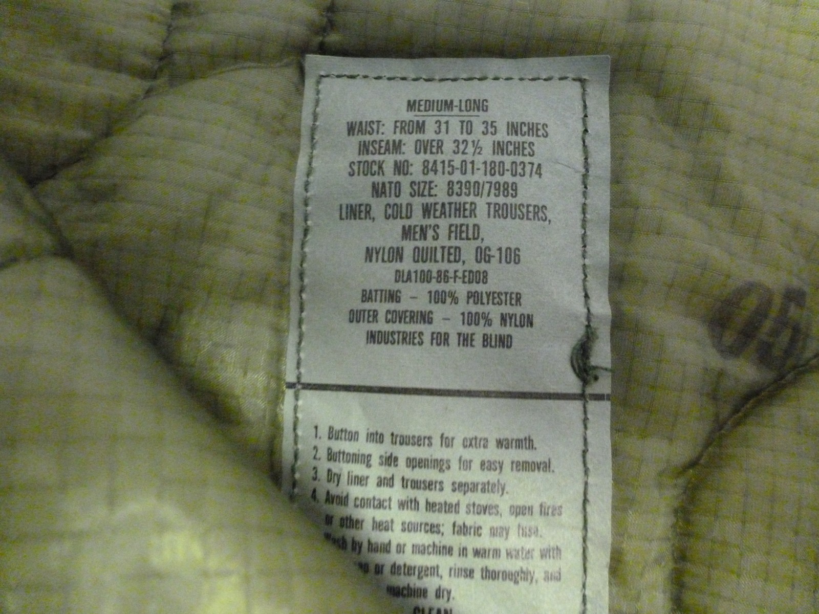 OD Pant Liner Cold Weather M-65 Field Pants Liner Medium Long NEW