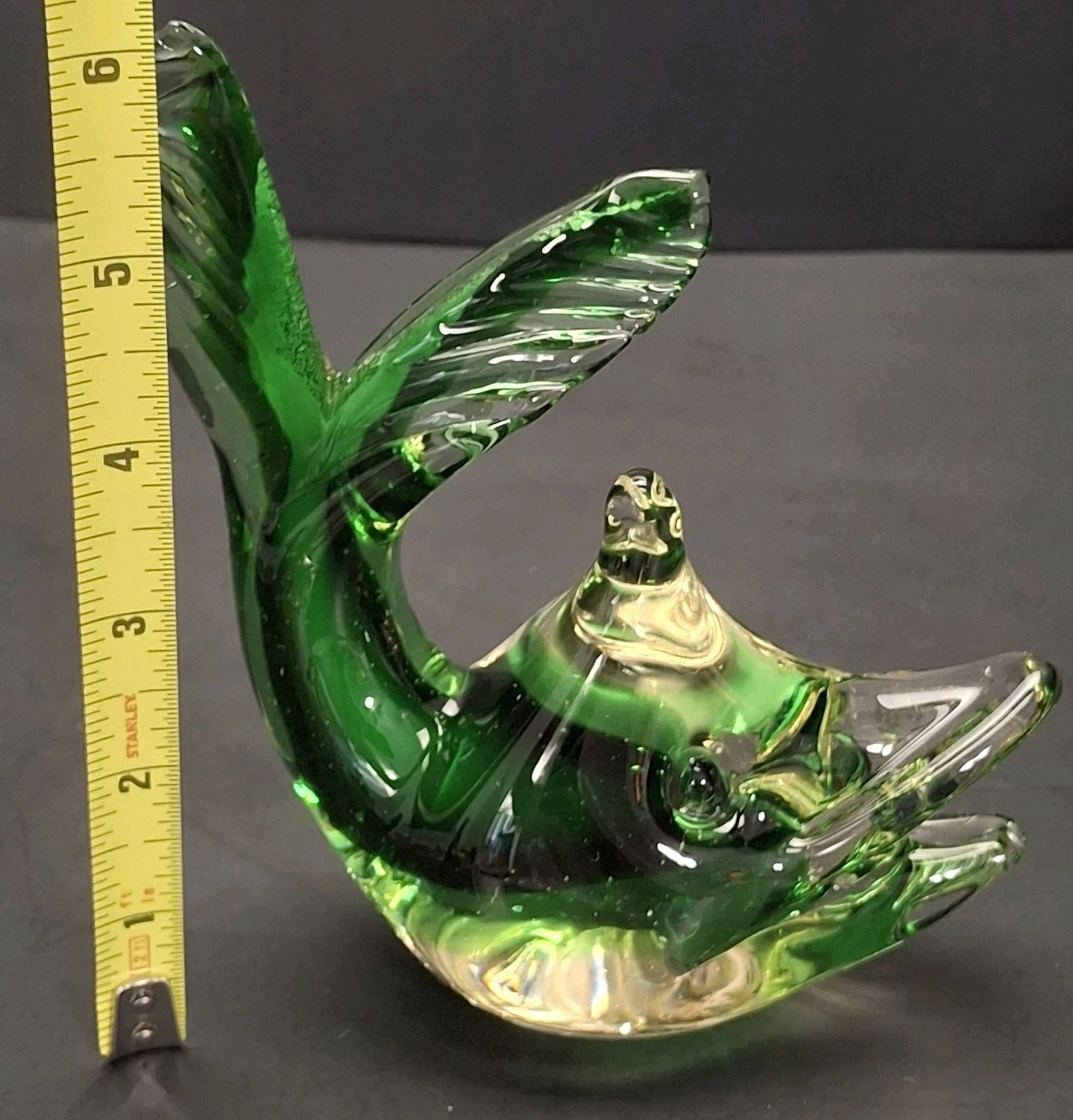 Vintage Green Glass Fish Sculpture Murano Paperweight Made in Italy Sunken Eyes