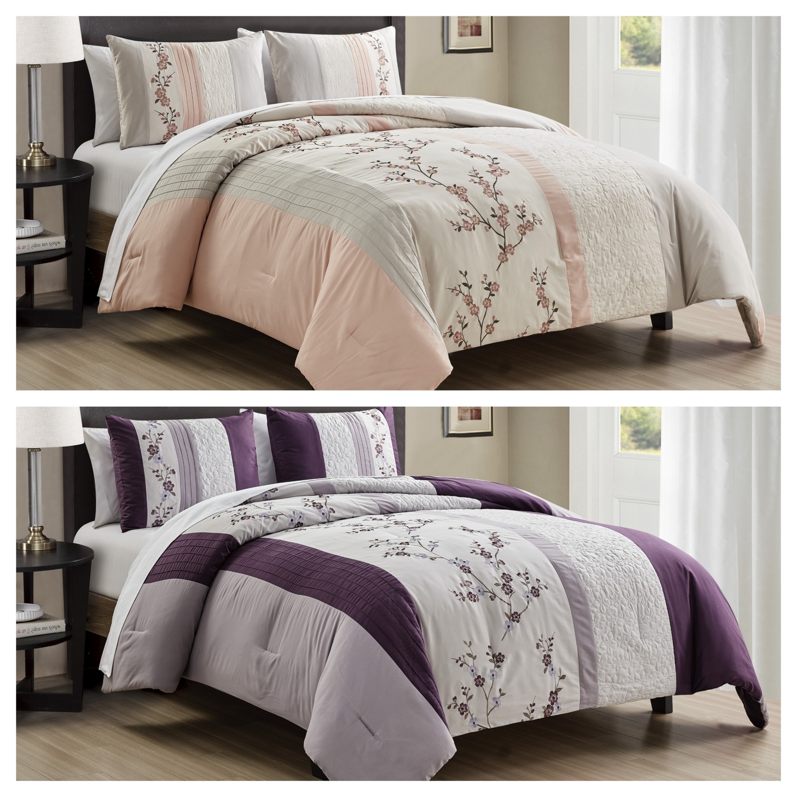 Chezmoi Collection 7-Piece Bed in a Bag Cherry Blossom Embroidery Comforter Set