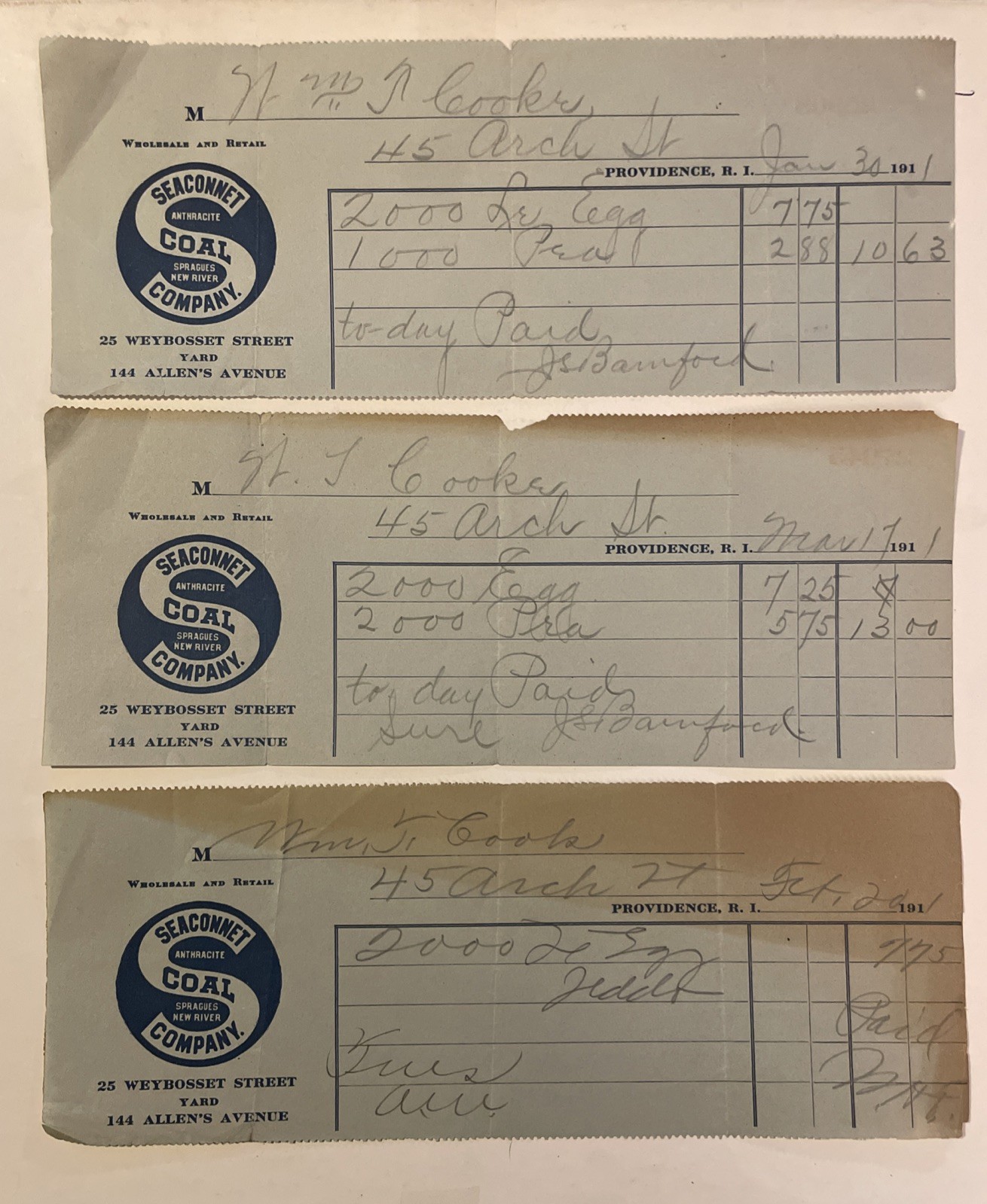 (3) 1911 Seaconnet Coal Co Providence Rhode Island Receipts 144 Allen’s Avenue