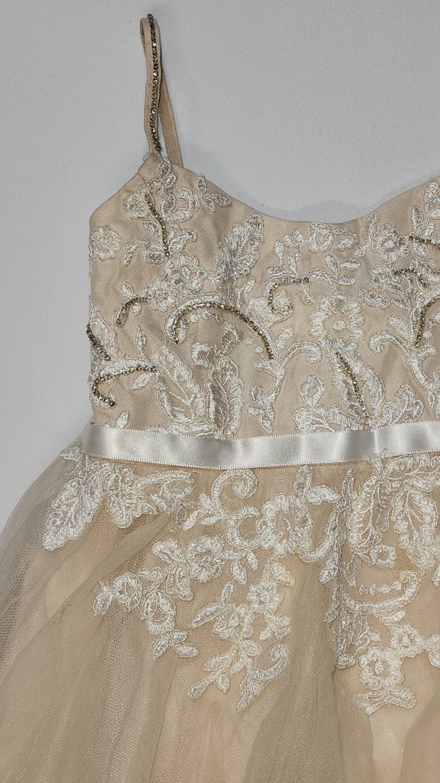 $180 Davids Bridal Ivory Floral Applique Spaghetti Strap Flower Girl Dress Sz 4