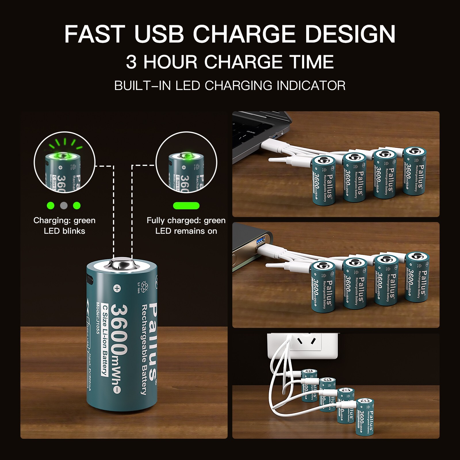 1.5V USB Rechargeable Lithium C Batteries with 4in1 Charger Cable 3600mWh