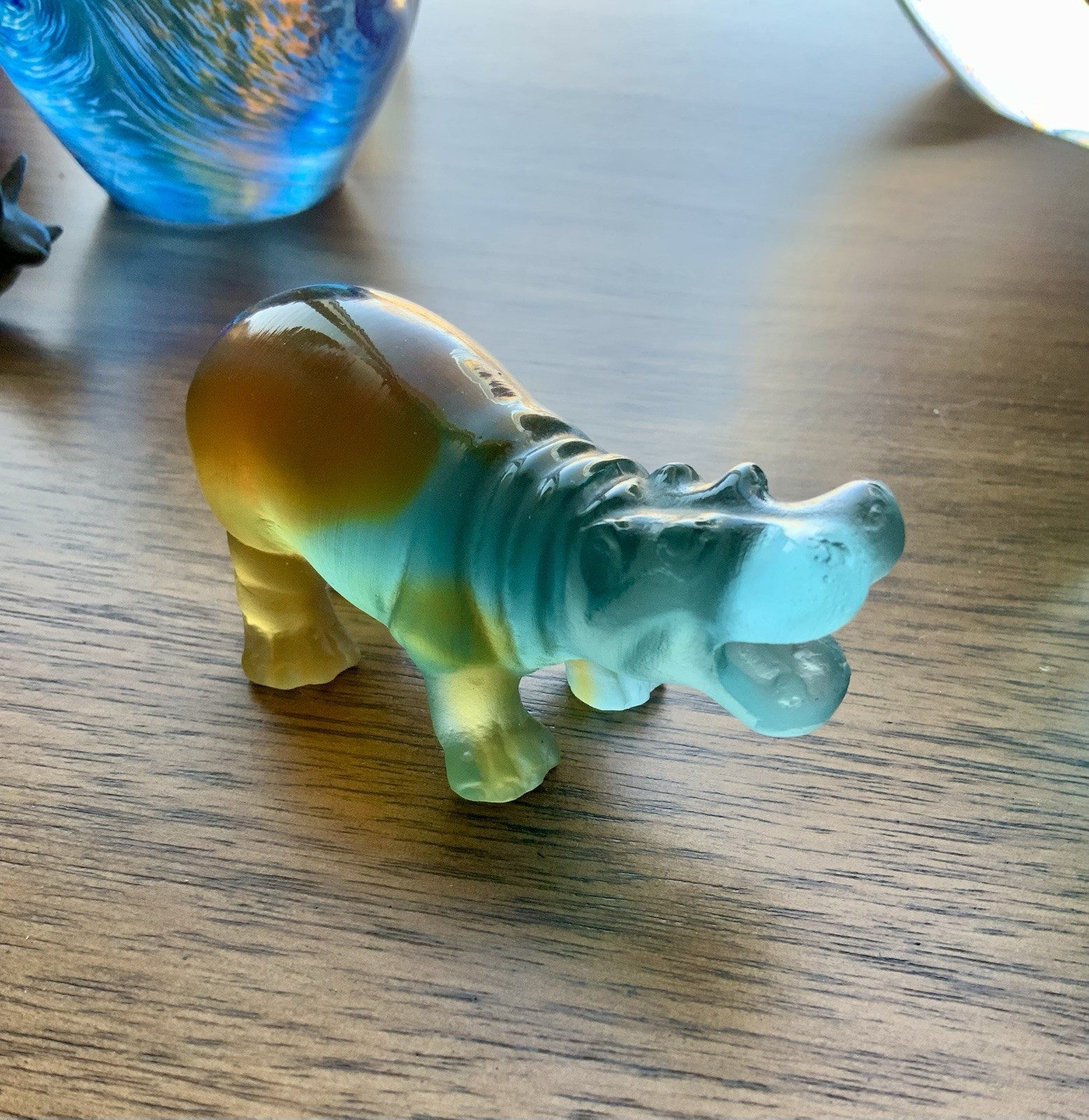Signed Daum France Pâte de Verre Blue Hippo Art Glass Sculpture Crystal