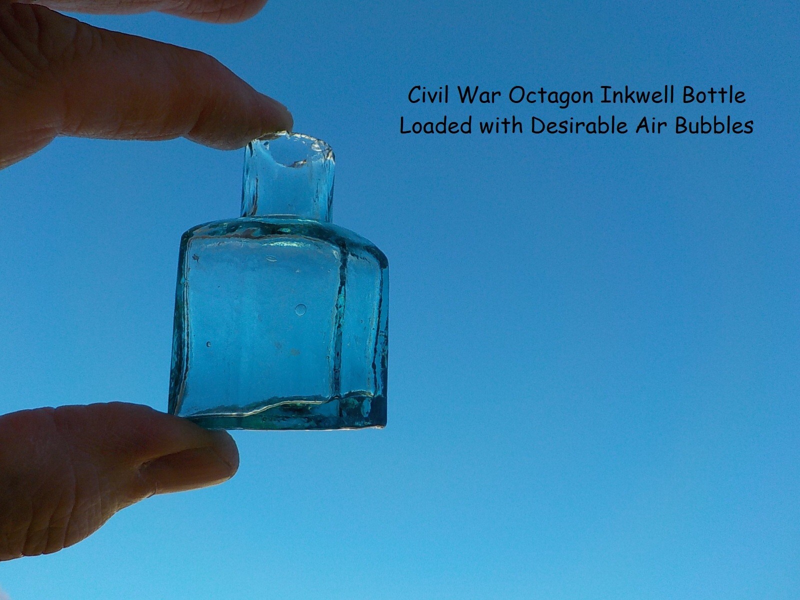 Old Rare Vintage Antique Civil War Aqua Color Octagon Shaped Inkwell Bottle