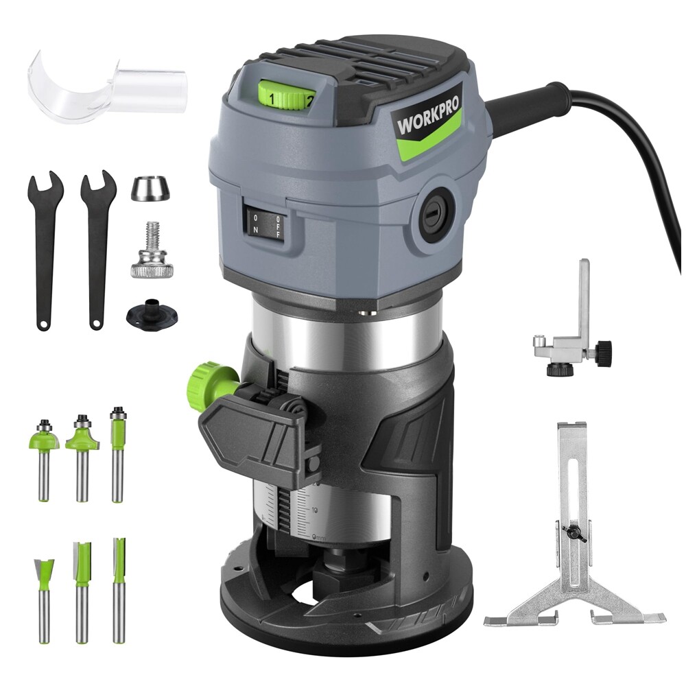 WORKPRO Compact Router Kit 6.5 Amp Corded Hand Trimmer Router Tool 6 Speeds