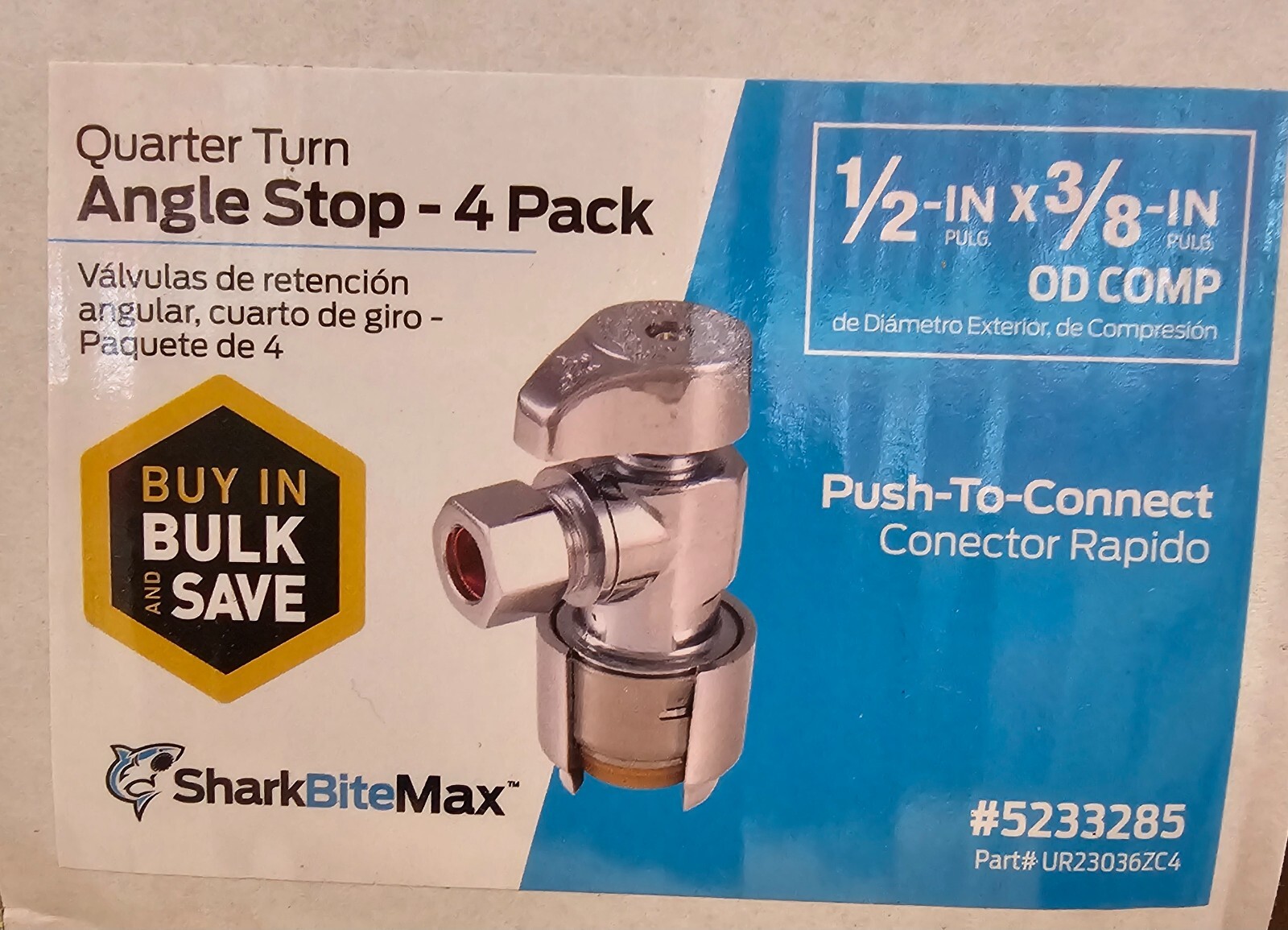 SharkBite UR23036ZC4 Push-to-Connect Angle Stop Valve 1/2 x 3/8 OD Comp