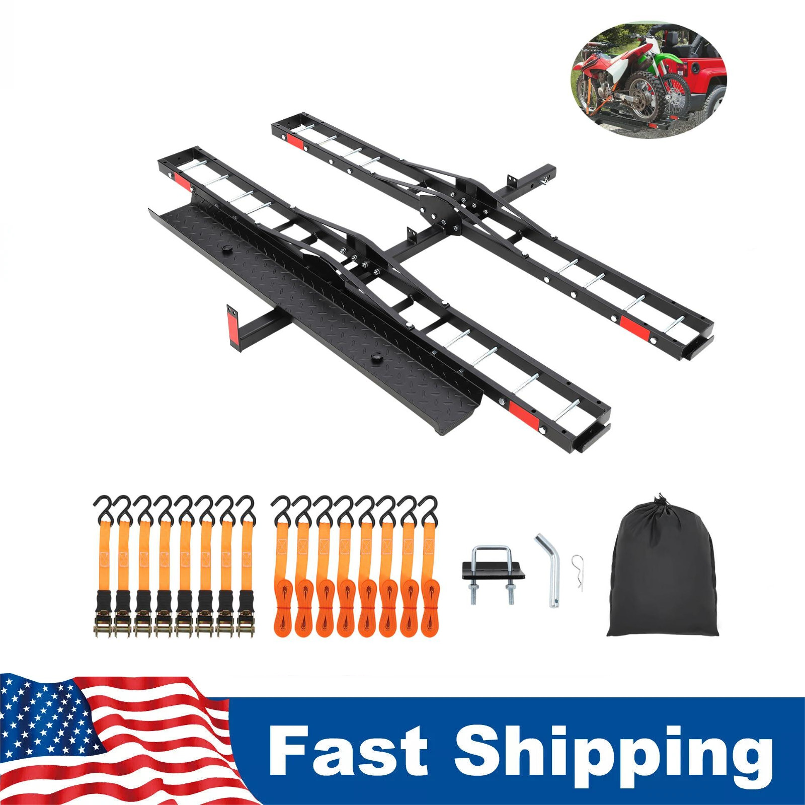 600 LBS Dual Motorcycle Steel Hitch Mount Hauler Dirt Bike Hitch Carrier w/Ramp