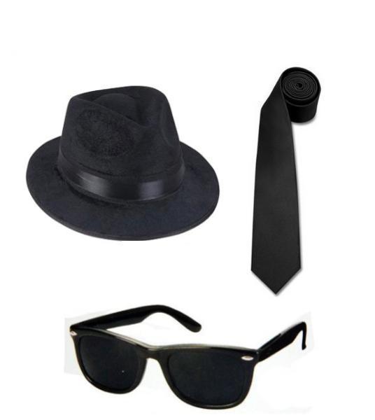 2 BLUES BROTHERS FEDORA HATS + 2 BLUES BROS SUNGLASSES + 2 TIES COSTUME NEW