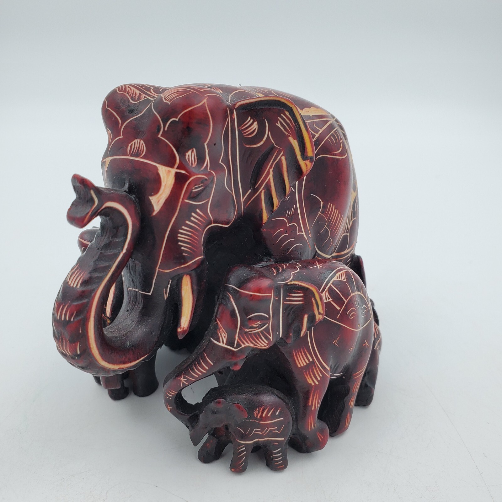 Elephant Family Hand Carved Figurine Statue Himalayan Handmade Nepal Resin