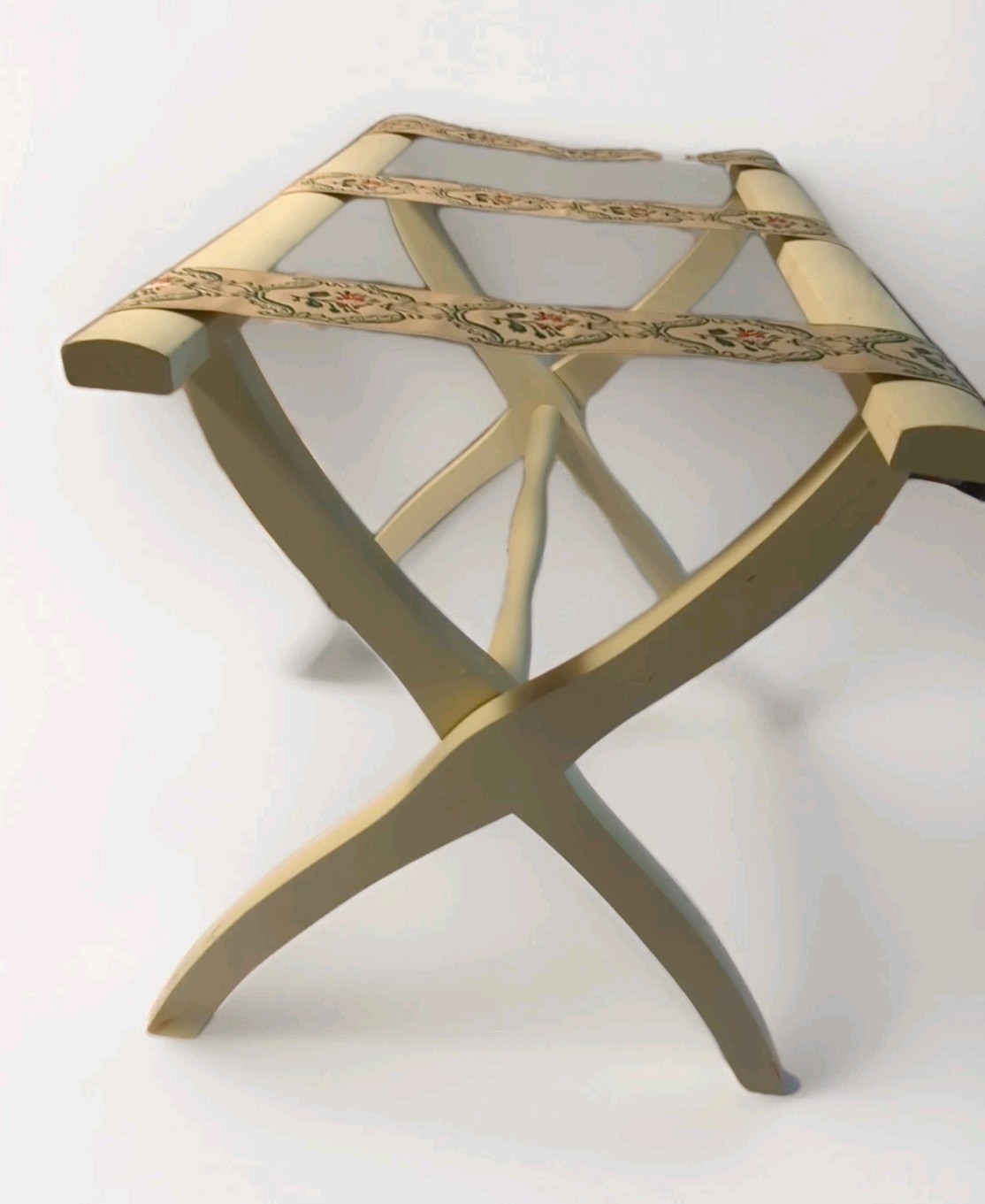 Vtg Scheibe Wood Folding Luggage Suitcase Rack Hotel Stand Tapestry Straps Ivory