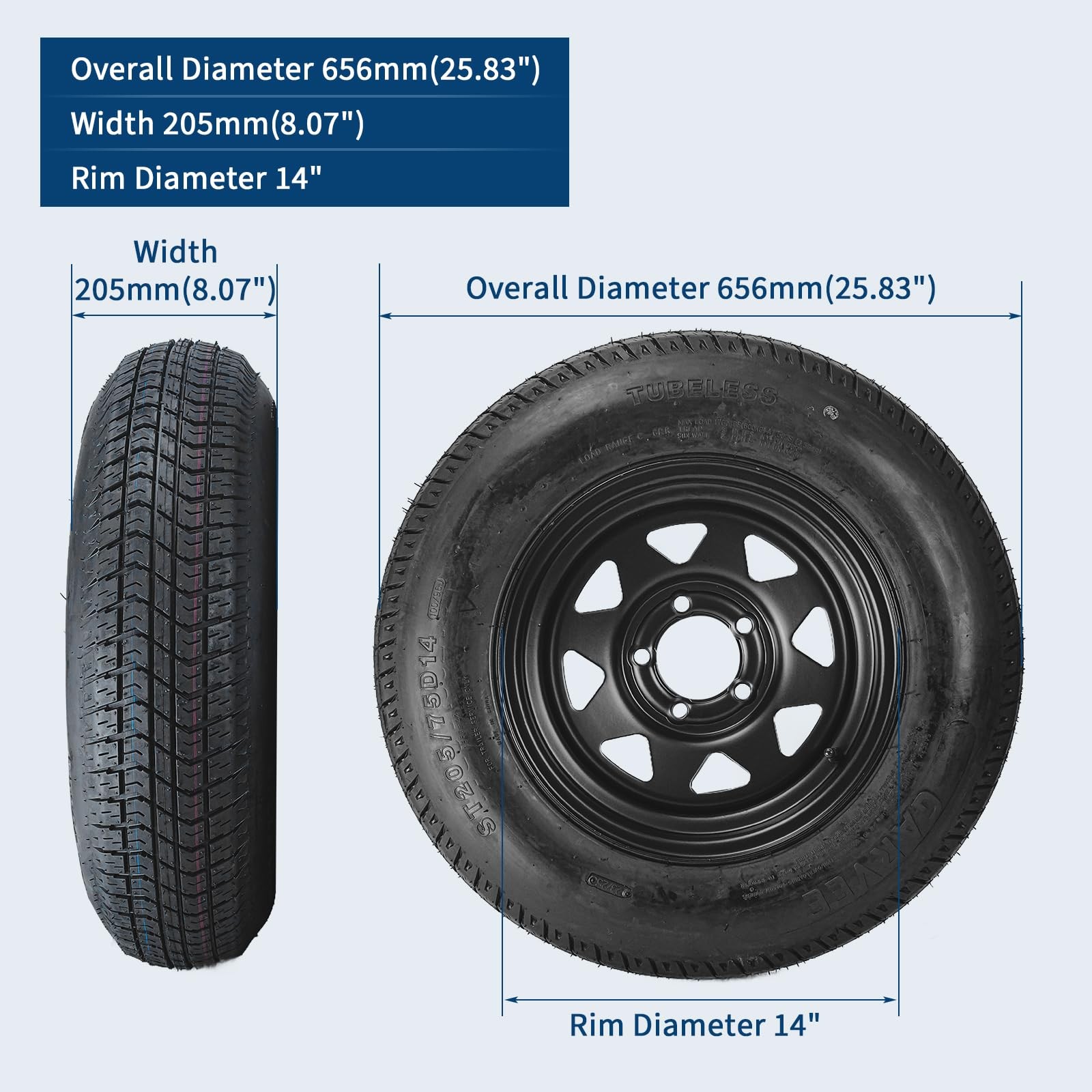 2-Pack Trailer Tire On Rim ST205/75D14 Trailer Tires Black Wheels 5 Lug on 4.5"