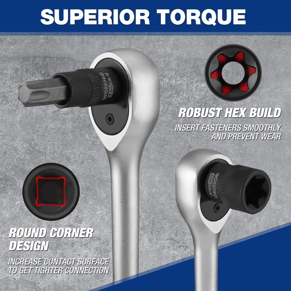 WORKPRO 60PC Female E-Torx Socket E4-E24 Star Socket BitT6-T70 TT6-TT70 TP8-TP60