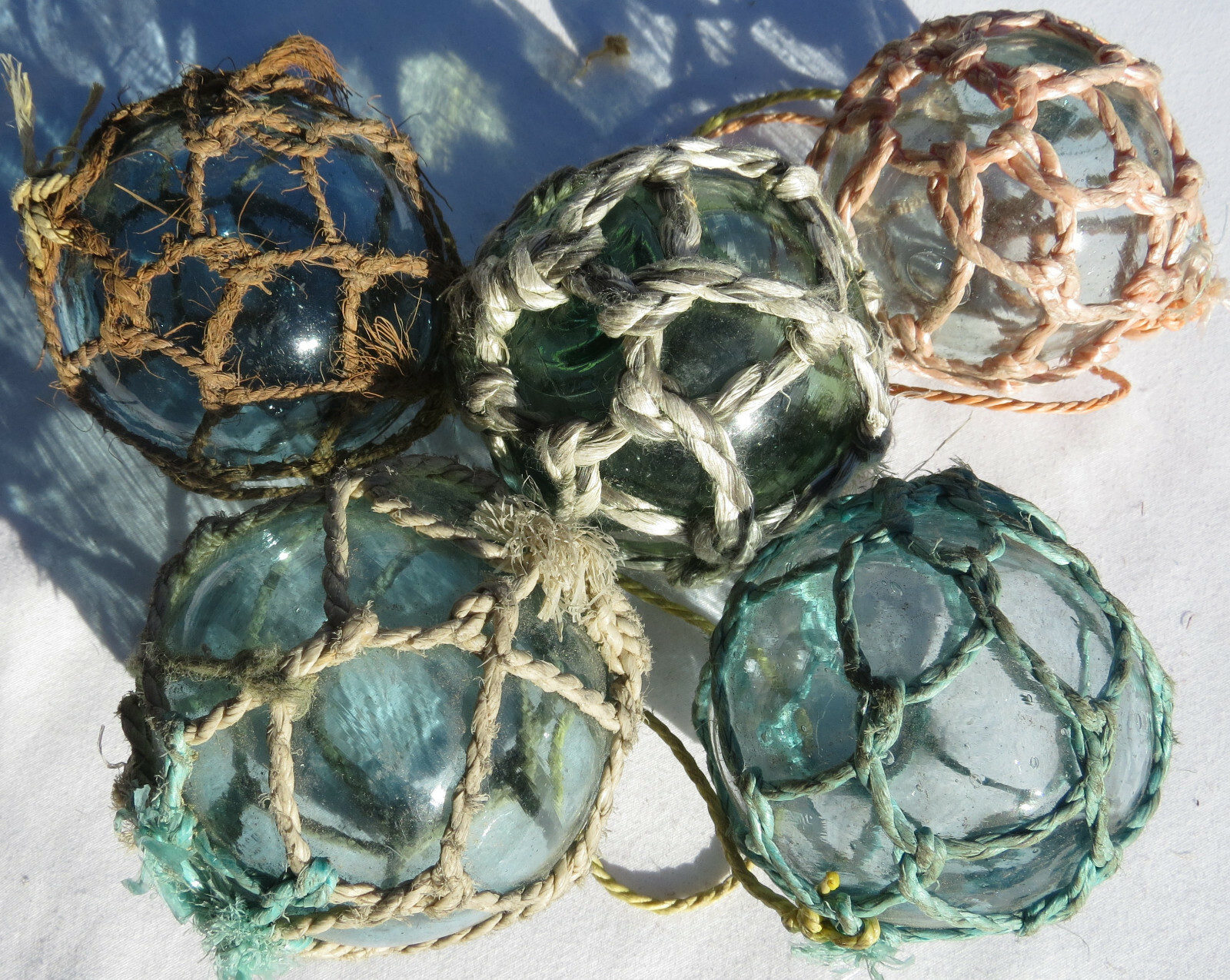 Japanese Glass Fishing FLOATS 3-3.5" Netted (5) FIVE Variable Nets Buoy Vintage