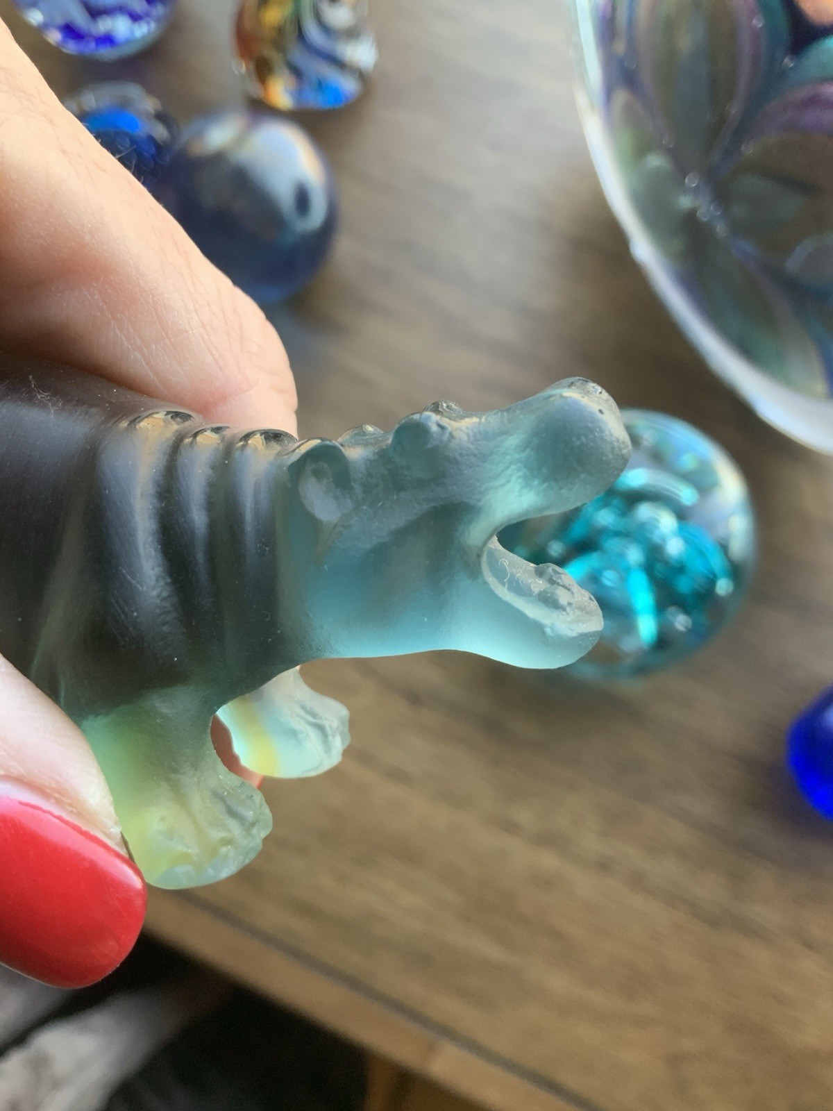 Signed Daum France Pâte de Verre Blue Hippo Art Glass Sculpture Crystal