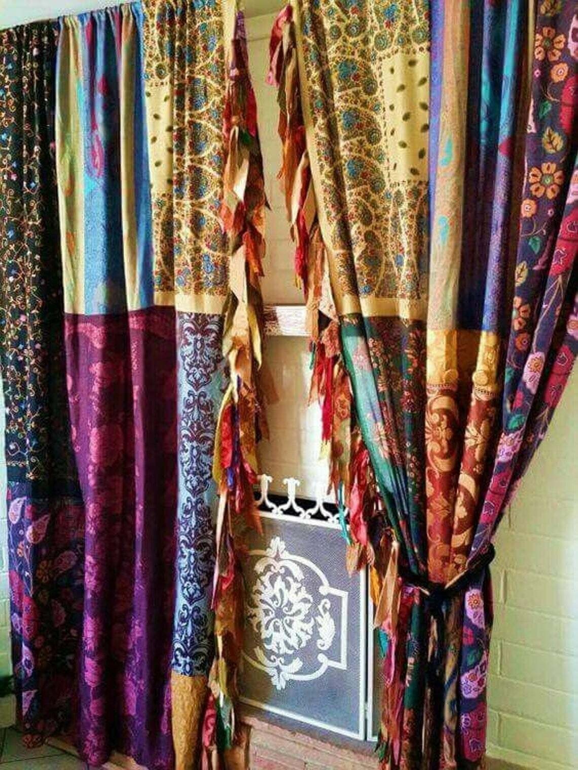 2 Pcs Indian Sari Patchwork Curtain Drape Window Decor Multi Silk Sari Curtain
