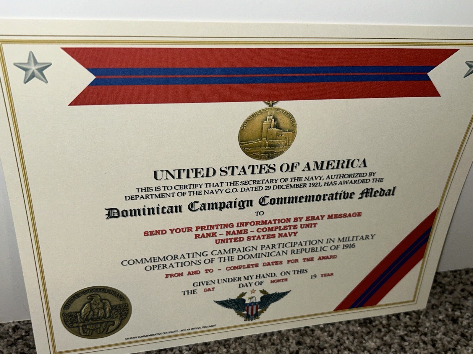 DOMINICAN CAMPAIGN (NAVY) COMMEMORATIVE MEDAL CERTIFICATE ~ W/PRINTING TYPE-1