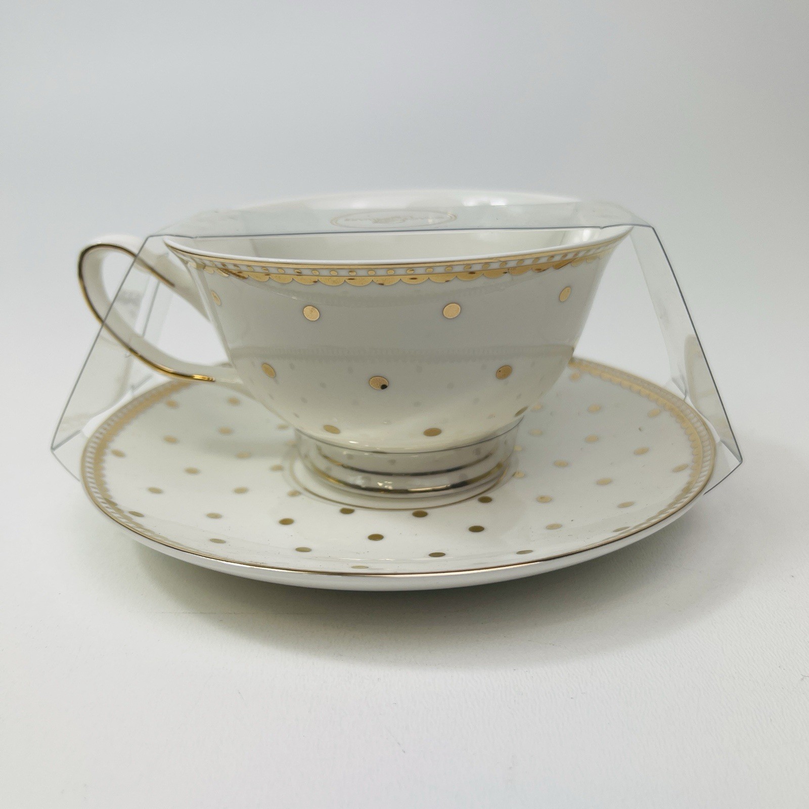 Grace Teaware Teacup Saucer White With Gold Trim Polka Dots New