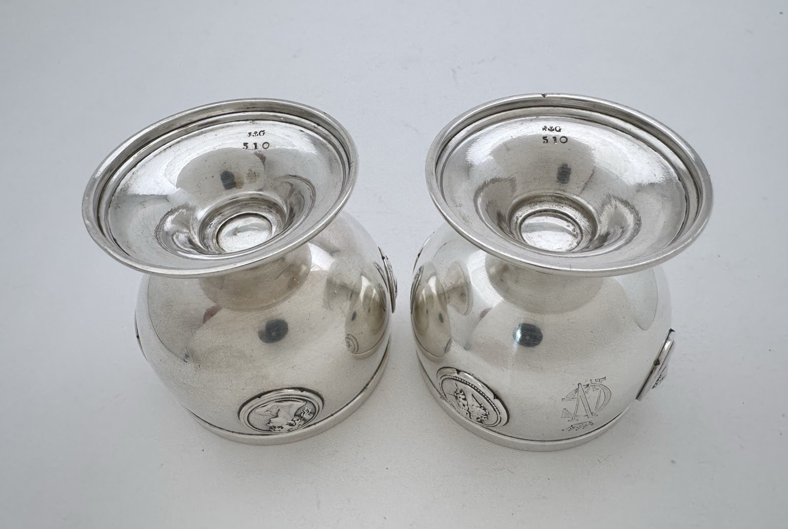 Magnificent Gorham Medallion Aesthetic Sterling Silver Gilt Master Salt Cellars