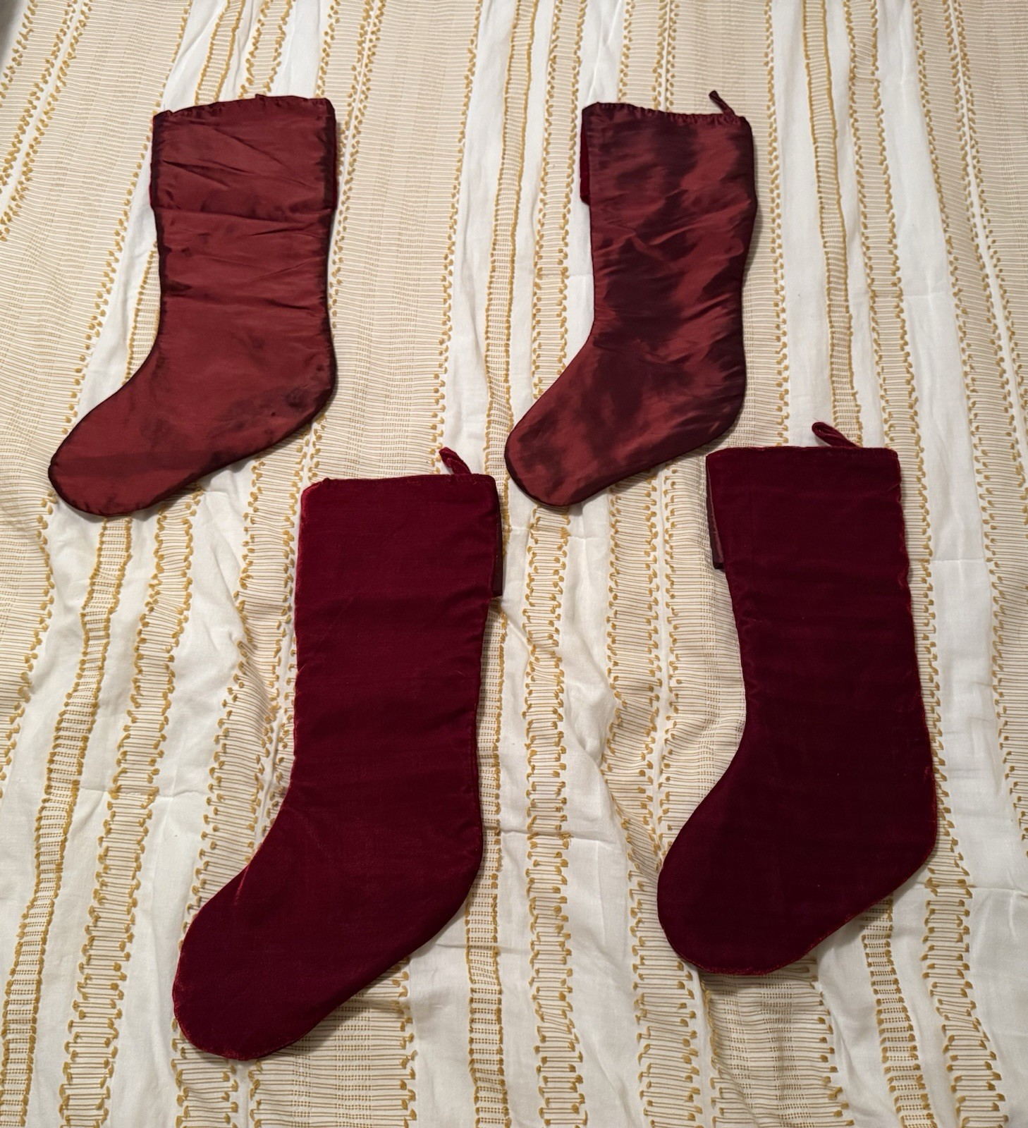 Lot Set Of 4 Vintage Christmas Stockings Burgundy Poinsettias Satin Velvet