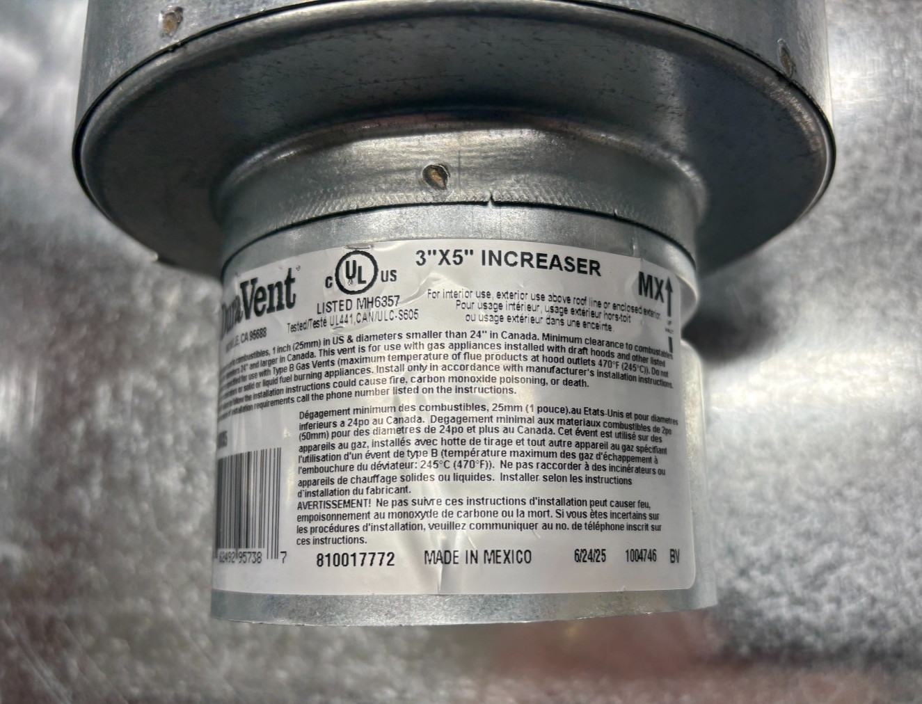 Duravent 3BVX5 3" X 5" B-Vent Increaser