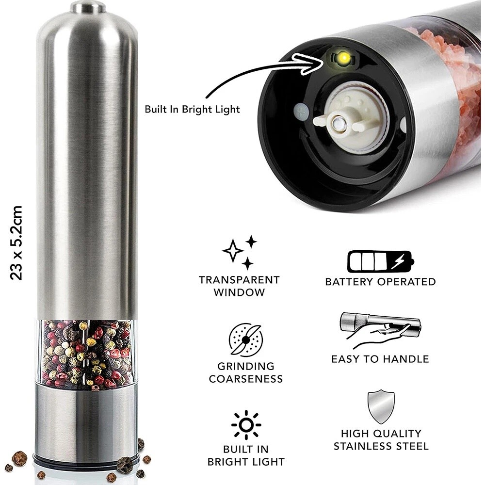 2PCS Electric Salt Pepper Grinder Mill Shakers Set Adjustable Stainless Steel
