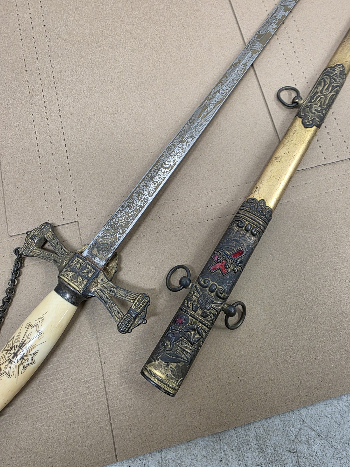 Vintage Late 1800s J.H. Wilson Knights Templar Ceremonial Sword Scrimshaw Handl