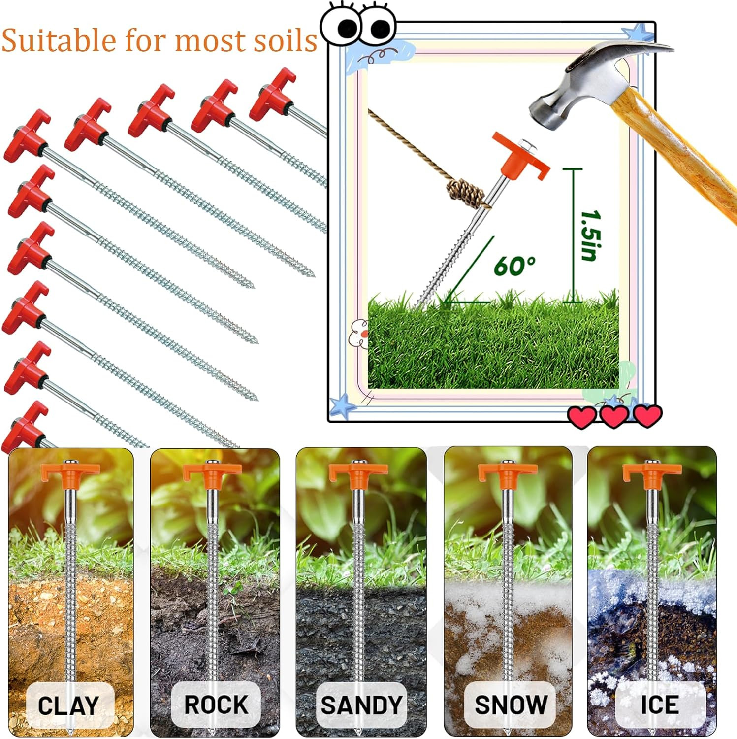 10-Pack 8" Heavy Duty Screw in Tent Stakes, Drill-In Non-Rust Ground Anchor Pegs