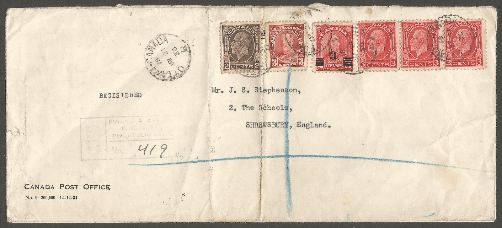 1933 Registered Cover 17c GV Multi/Medallions CDS Ottawa Ont to England Receiver