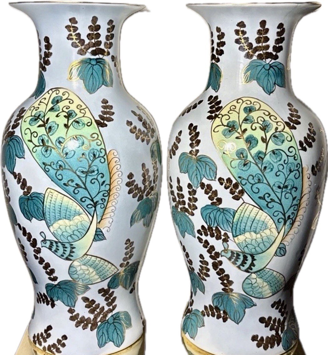 Beautiful Pair of Large Chinese Jingdezhen Porcelain Vases on Brass Stands 16”