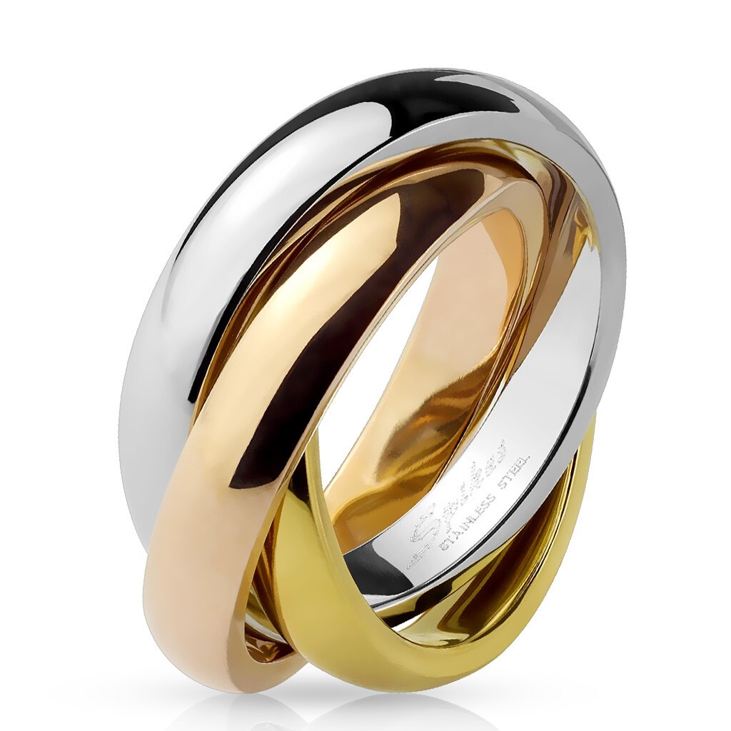 Stainless Steel Tri-Color Silver, Gold/Rose Gold-Plated Triple Band Roll Ring