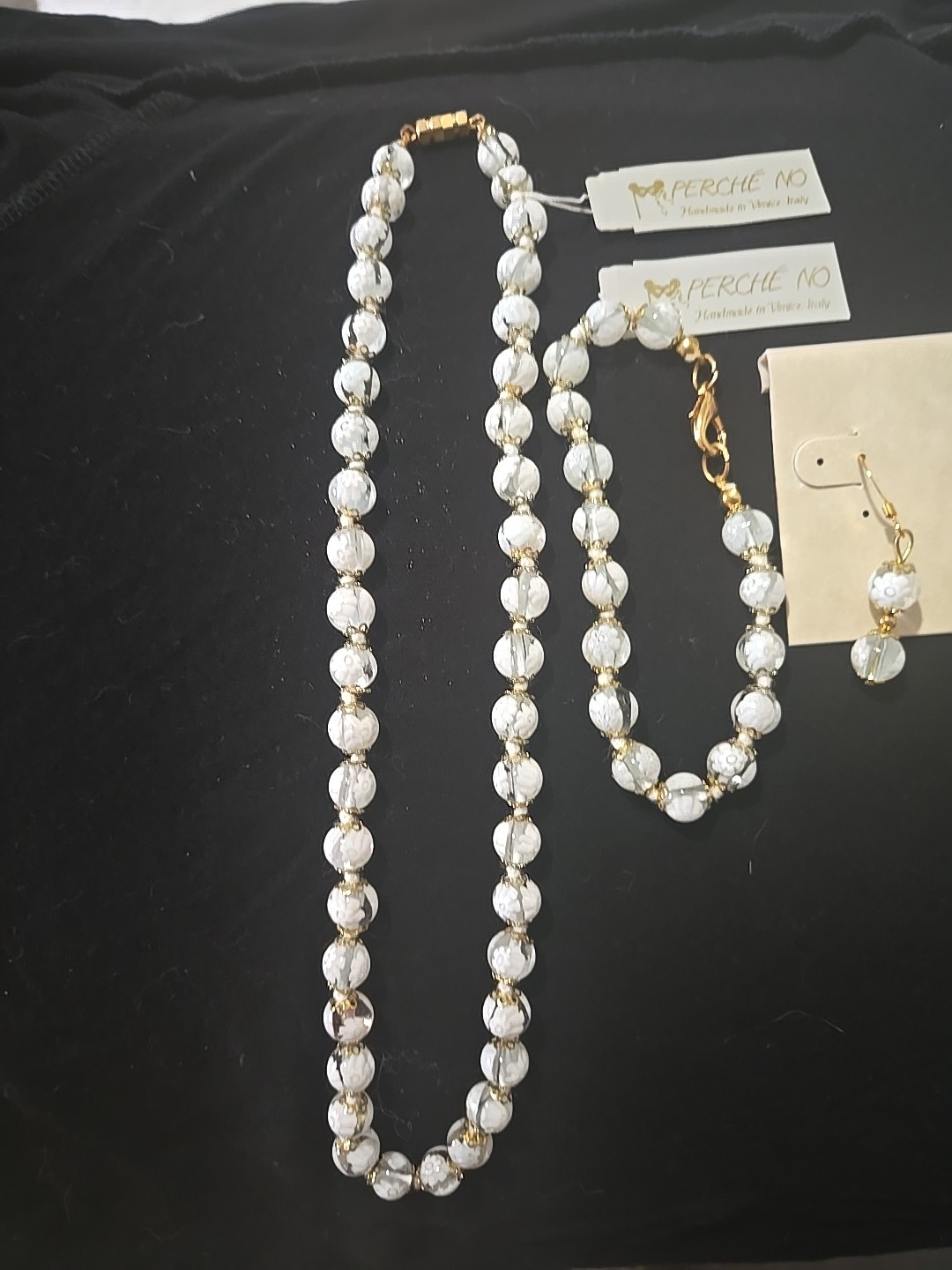 Perche No Handmade In Italy Venetian Glass Beads Necklace,Braclet&Earings Set