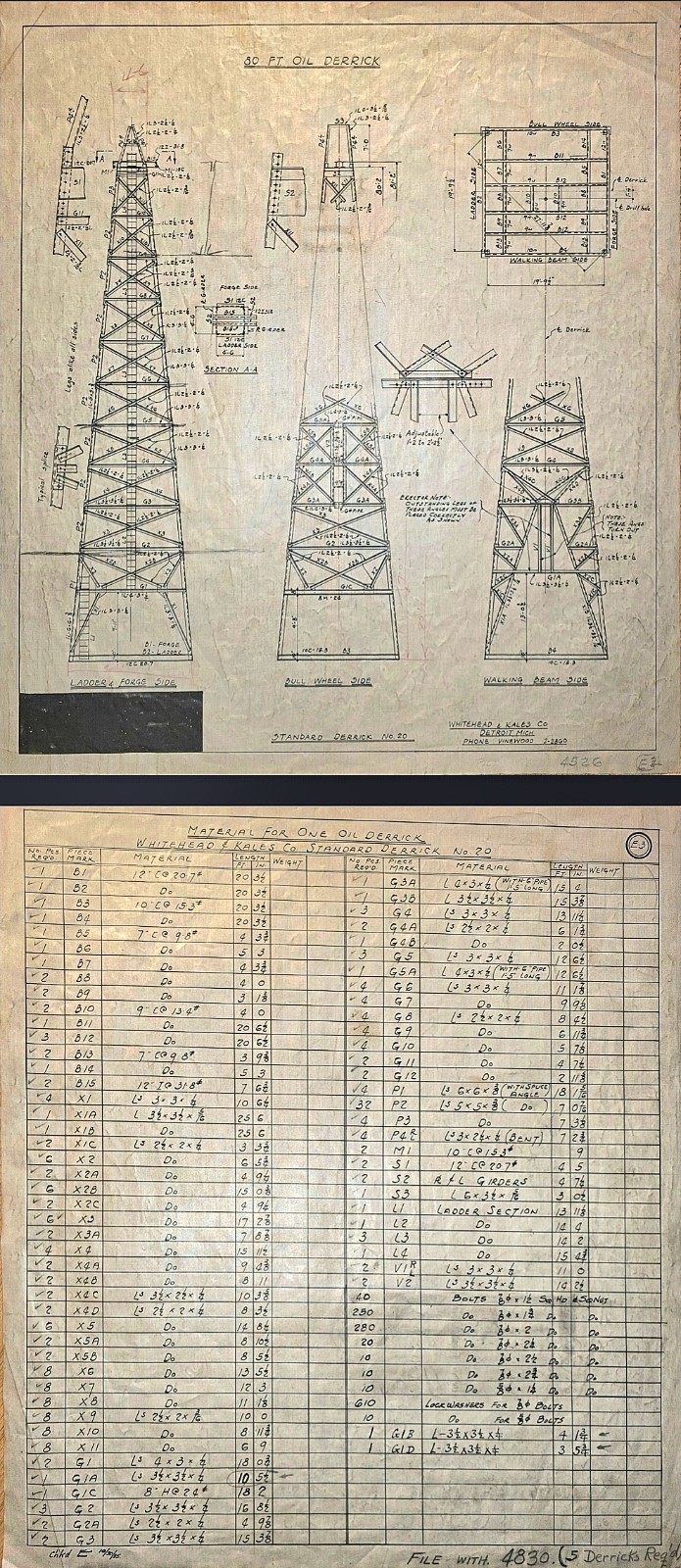 Original 1930's Industrial OIL DERRICK Technical drawings, Diazo/Blueprint LOT