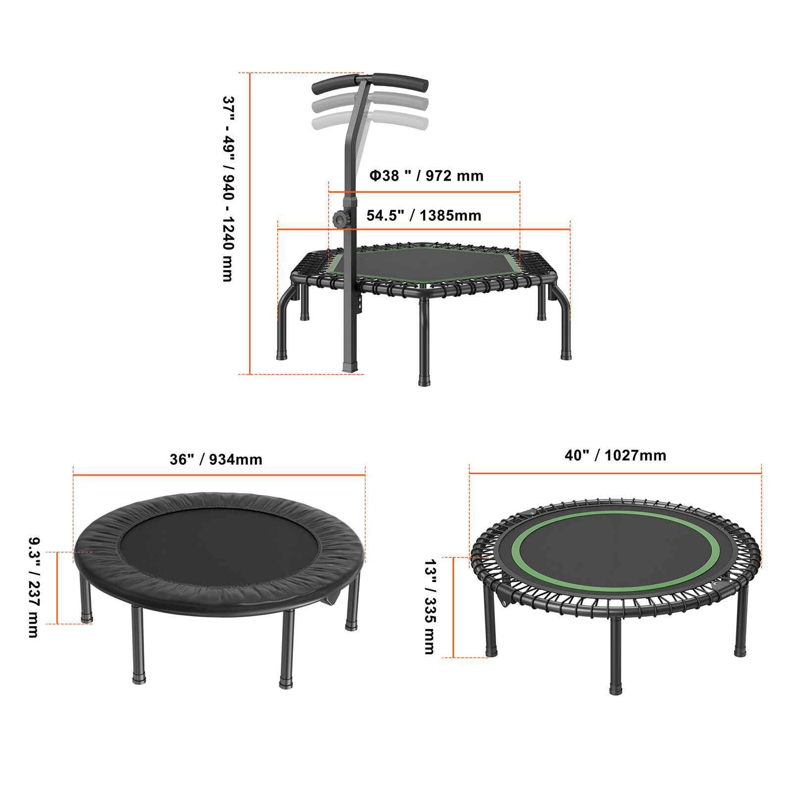 36 - 54.5" Foldable Mini Fitness Trampoline Adults Exercise Rebounder