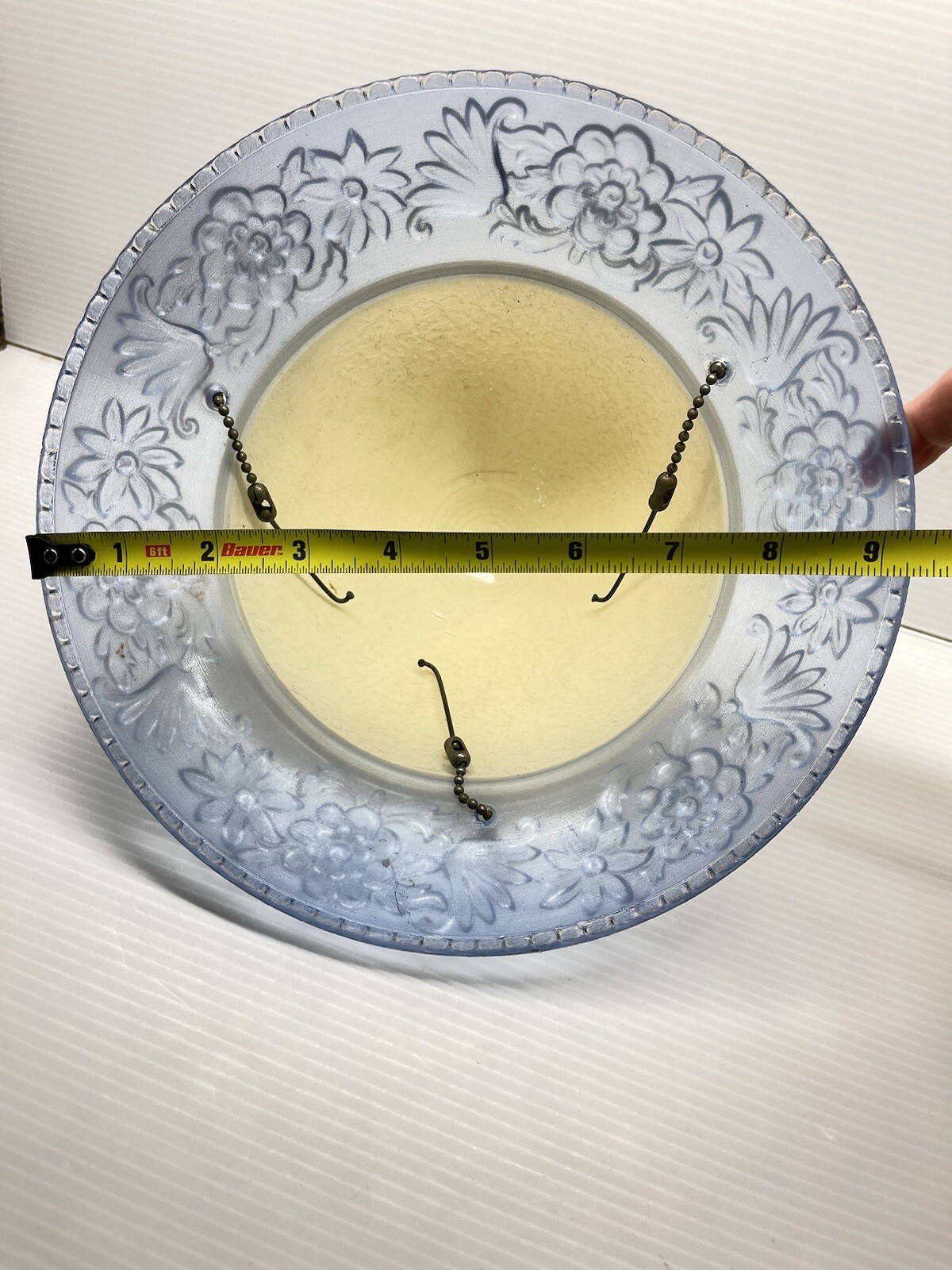 1940s Art Deco 9”Ivory Center Blue Embossed Flowers 3 chain fixture Globe Only