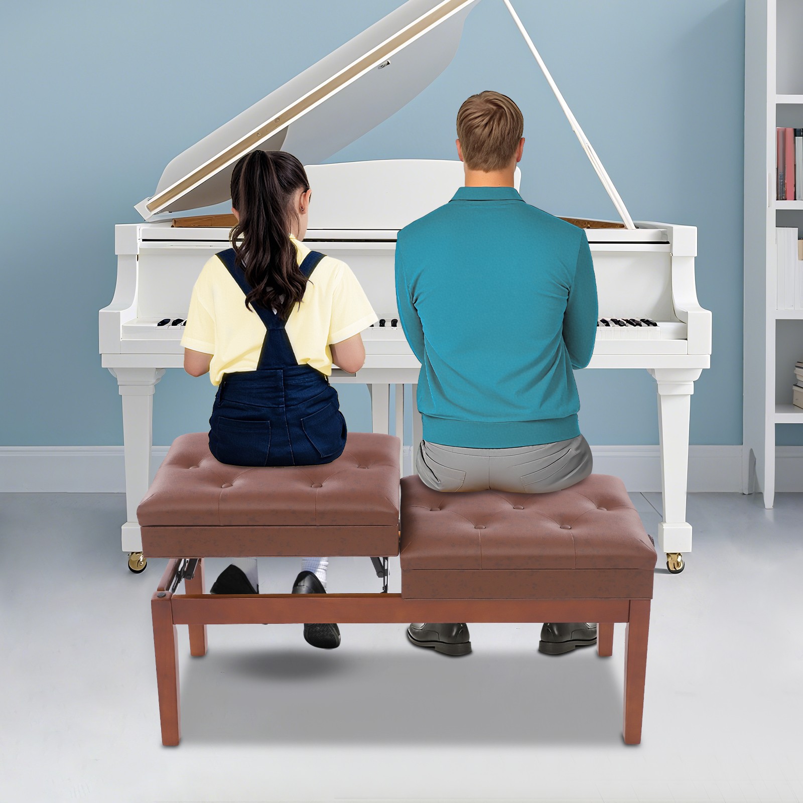 Double Seater Piano Bench Adjustable Duet Piano Bench Piano Bench w/Storage Box