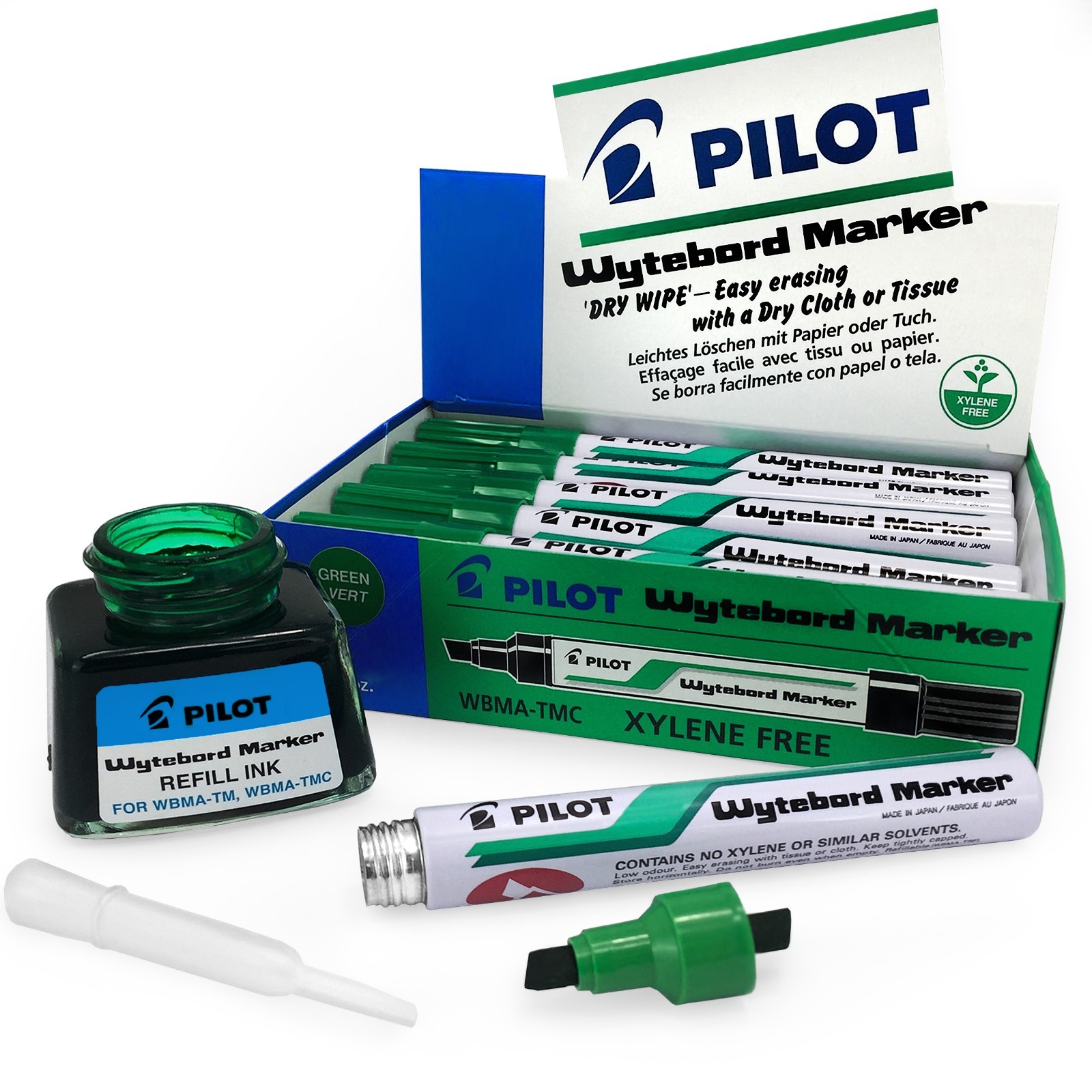 Pilot Whiteboard Marker Pens Dry Wipe Green Pack of 12 and Free Refill Ink