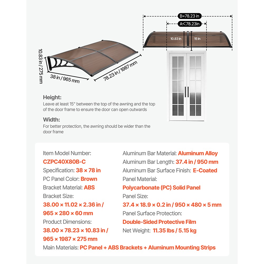 Uimoso 38x78 in Outdoor Door Awning with Metal Bracket and Water Drainage System