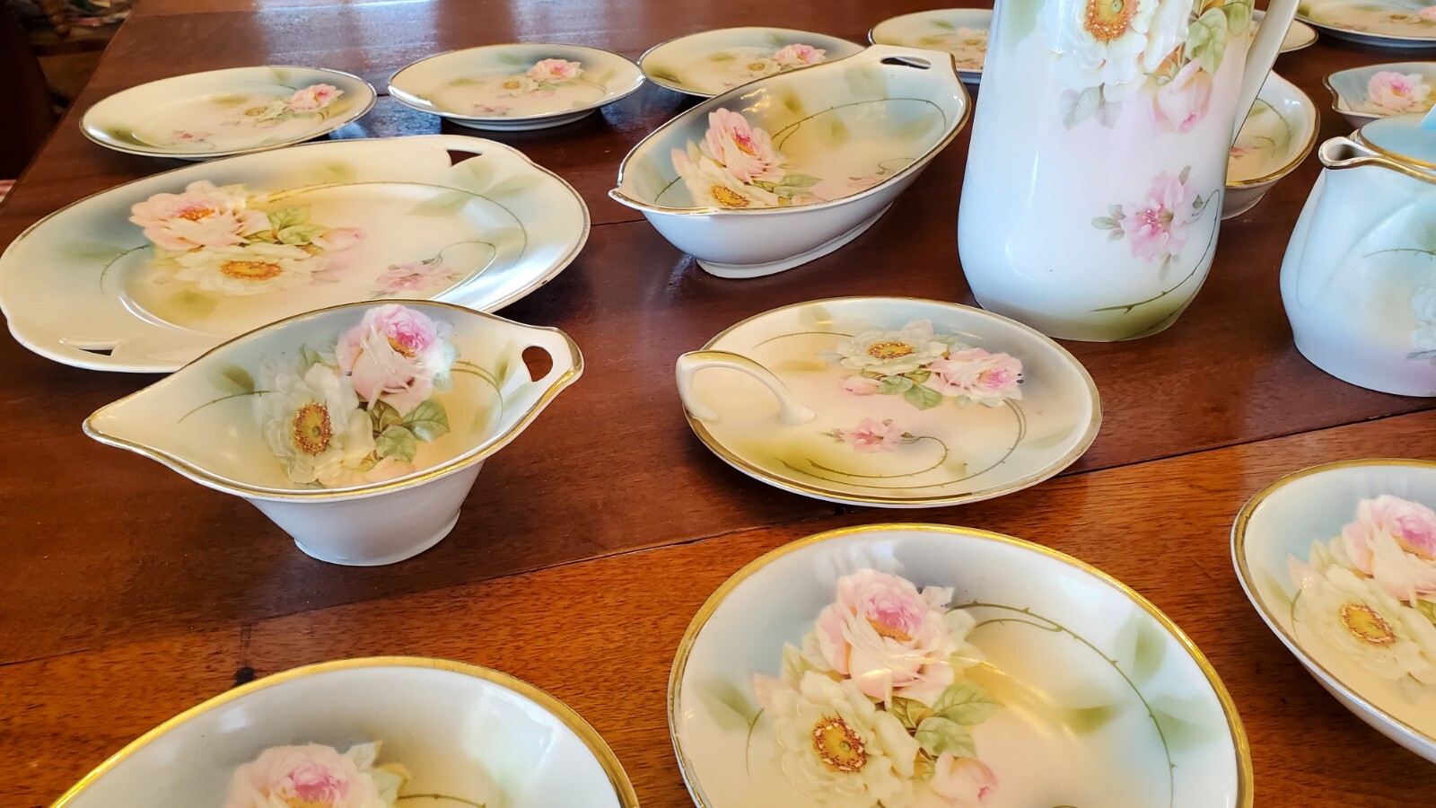 Antique Chocolate Set, Germany, Hand Painted W/Roses, Massive 34 Piece Set!