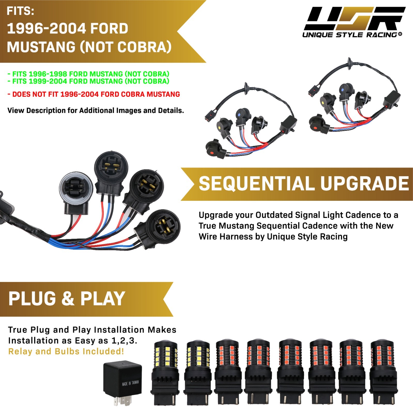 Plug&Play 8 LED Bulbs + Tail Light Harness + SEQUENTIAL SIGNAL For 96-04 Mustang