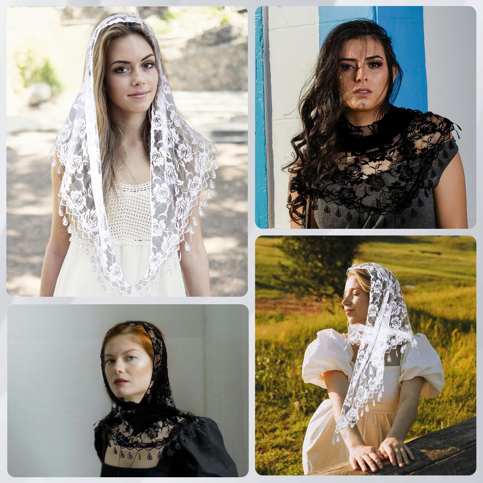 2 Pcs Mass Veil Triangle Mantilla Cathedral Head Covering, Chapel Veil Lace S...