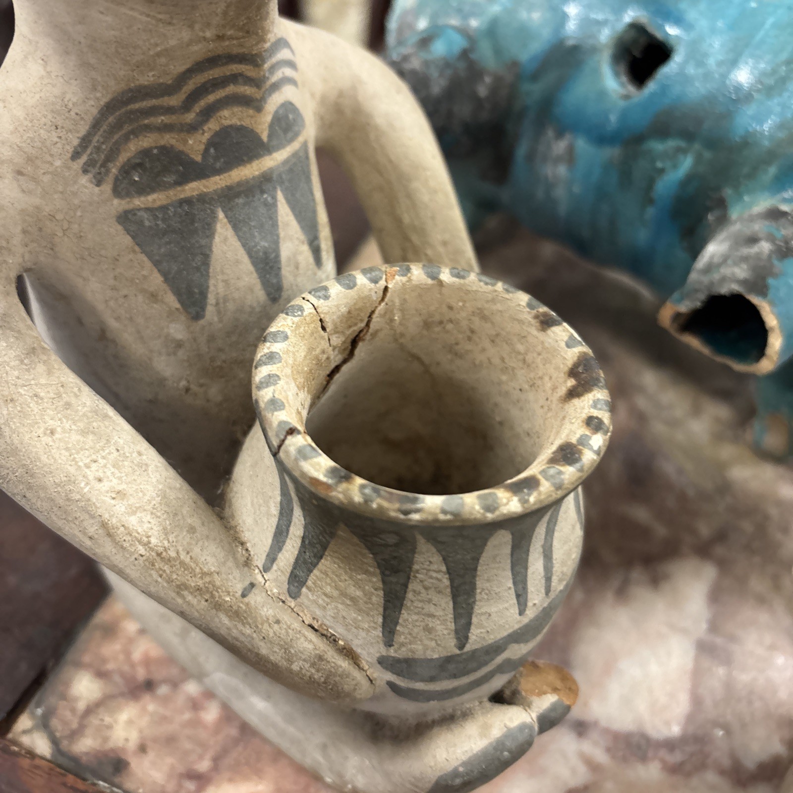 Late 1800s - Very Early 1900s Tesuque Pueblo Pottery Rain God 2 Pieces