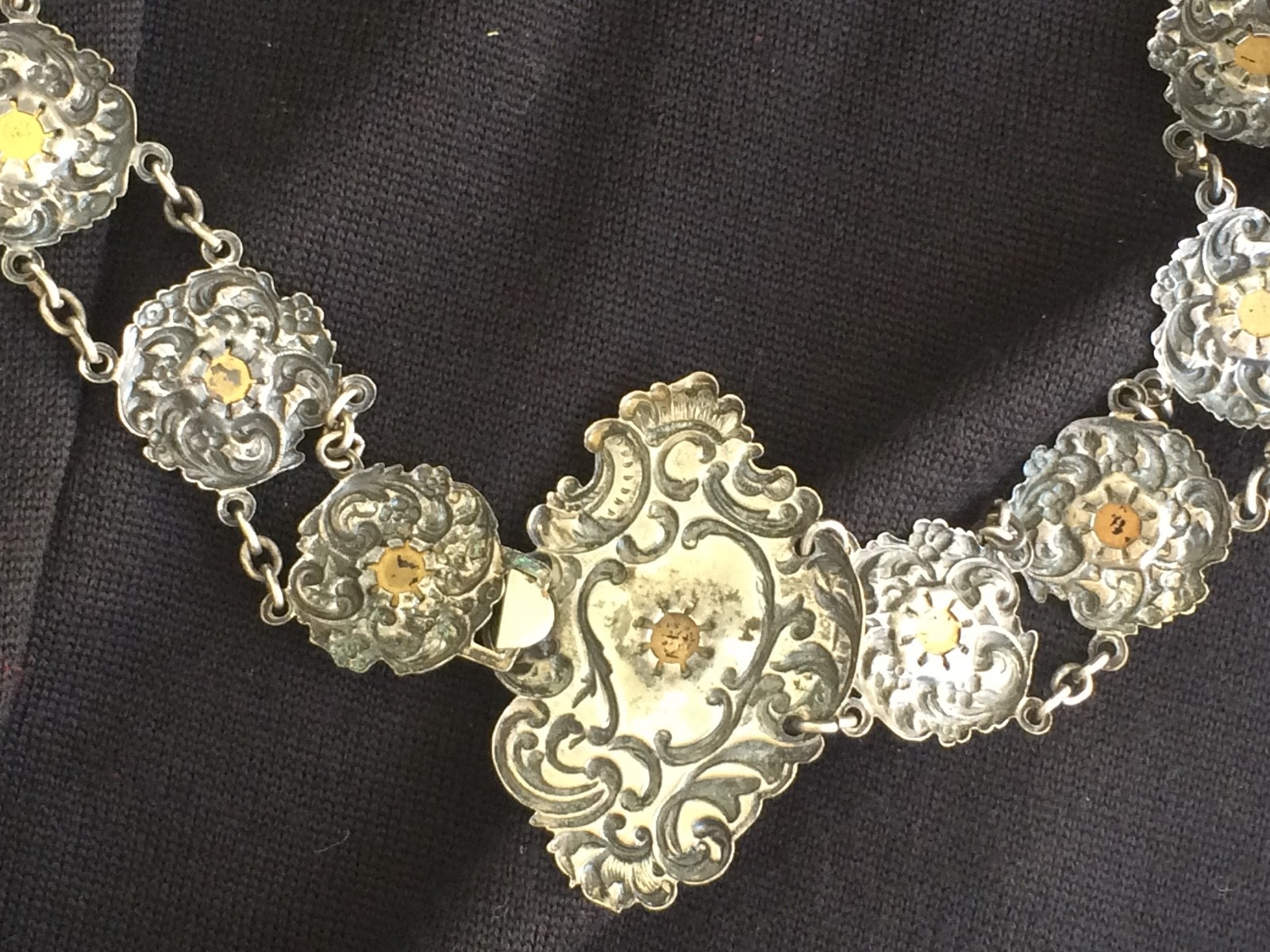 Antique Art Nouveau Victorian Belt SilverPlate Embossed Emerald Glass Stones 30"